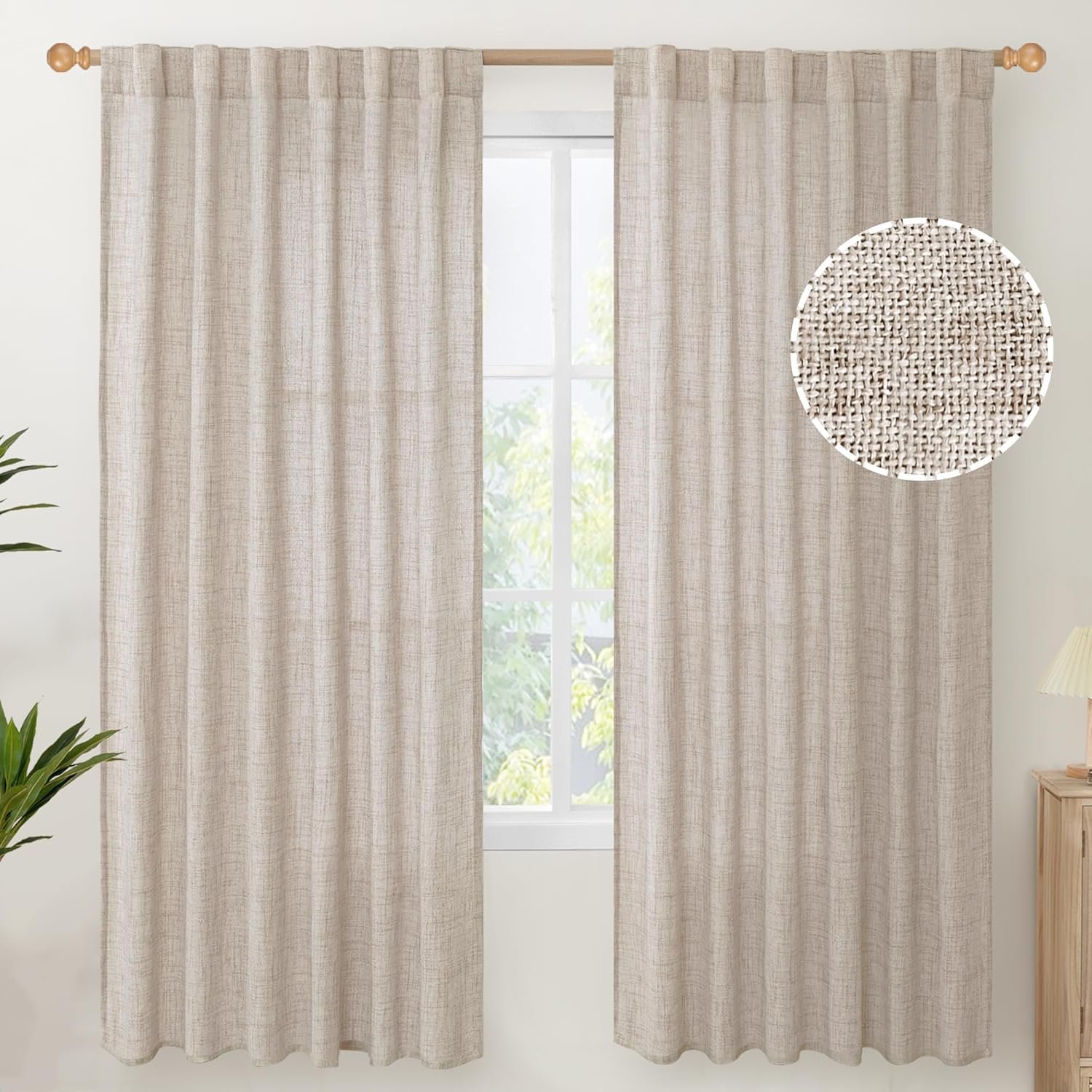 YoungsTex Linen Semi Sheer Curtains 72 Inch Length 2 Panels for Living Room – Light Filtering Drapes with Rod Pocket Back Tab Rustic Beige Window Treatments for Dining Bedroom, 52 X 72 Inch