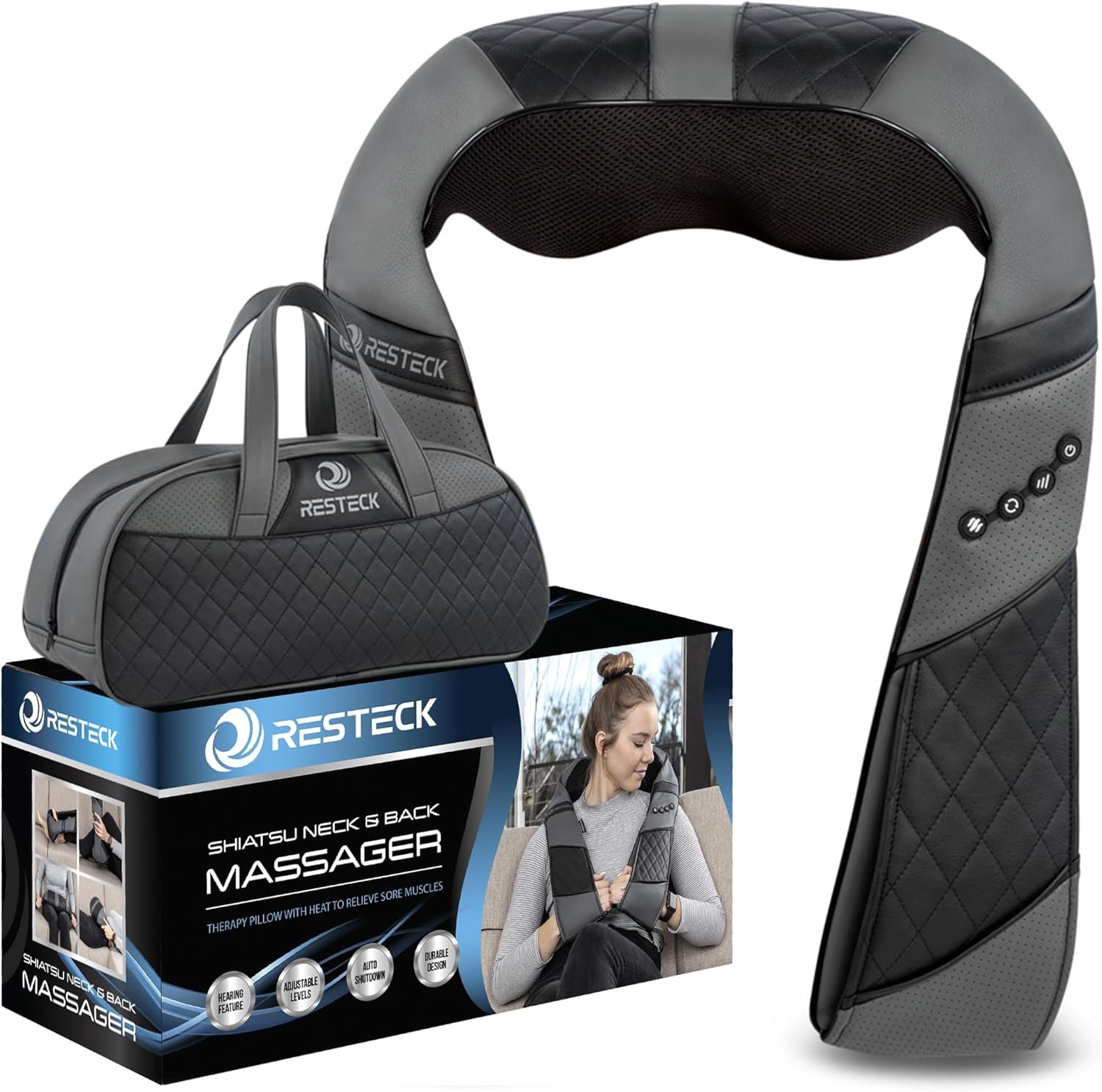 RESTECK Massagers for Neck and Back with Heat – Deep Tissue 3D Kneading Pillow, Electric Shiatsu Shoulder Massage, Foot, Legs,Body – Relieve Muscle Pain – Office, Home & Car