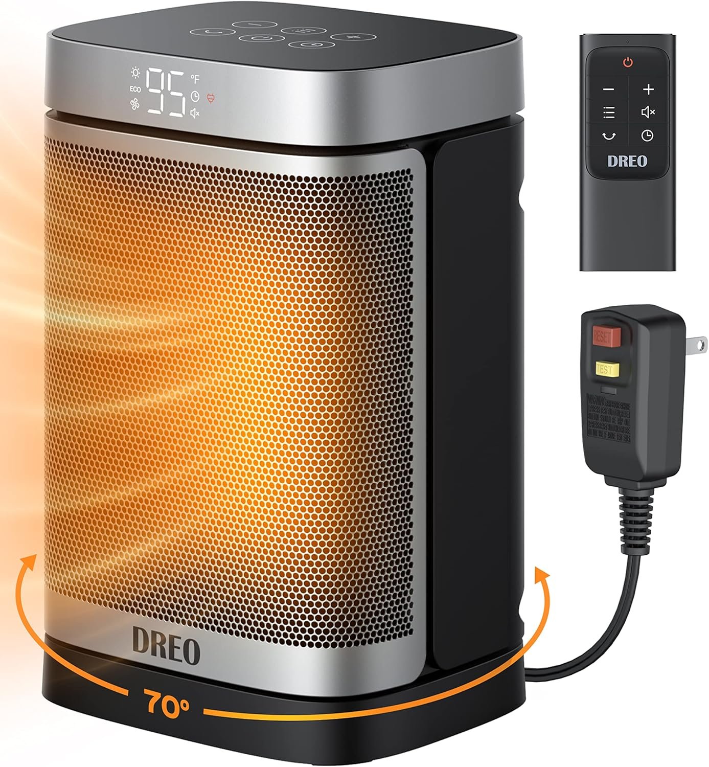 DREO Space Heater for Bathroom and Indoor, Portable Heater, 1500W Safe and Quiet PTC Ceramic Heater, 41-95°F Digital Thermostat, 70°Oscillating, Remote, ALCI Safety Plug, 12h Timer, 5 Modes