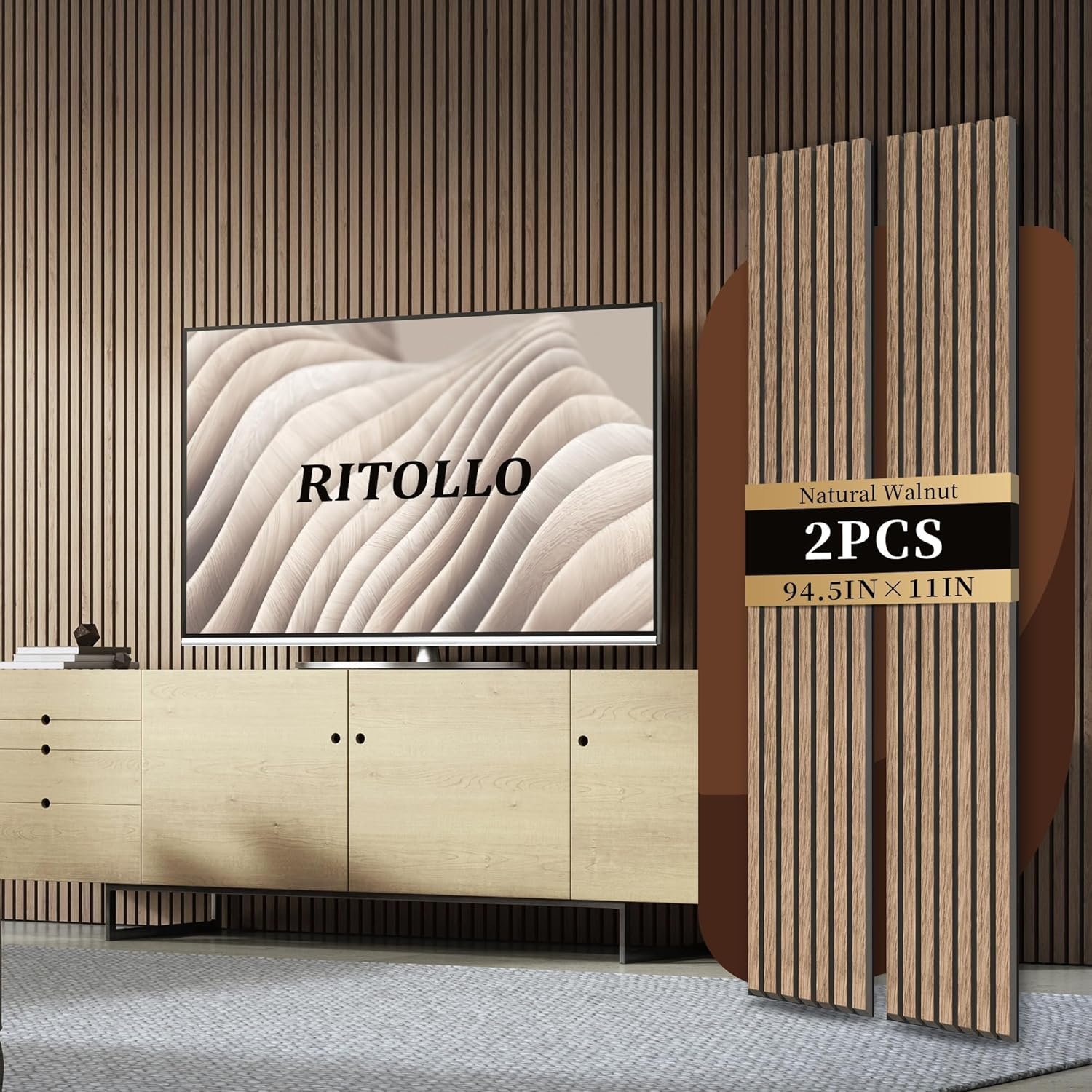 RITOLLO Wood Slat Panels for Wall 2-Piece 94.5″×11″ Acoustic Panels for Interior Wall Decor 3D Fluted Sound Absorbing Panel – Natural Walnut