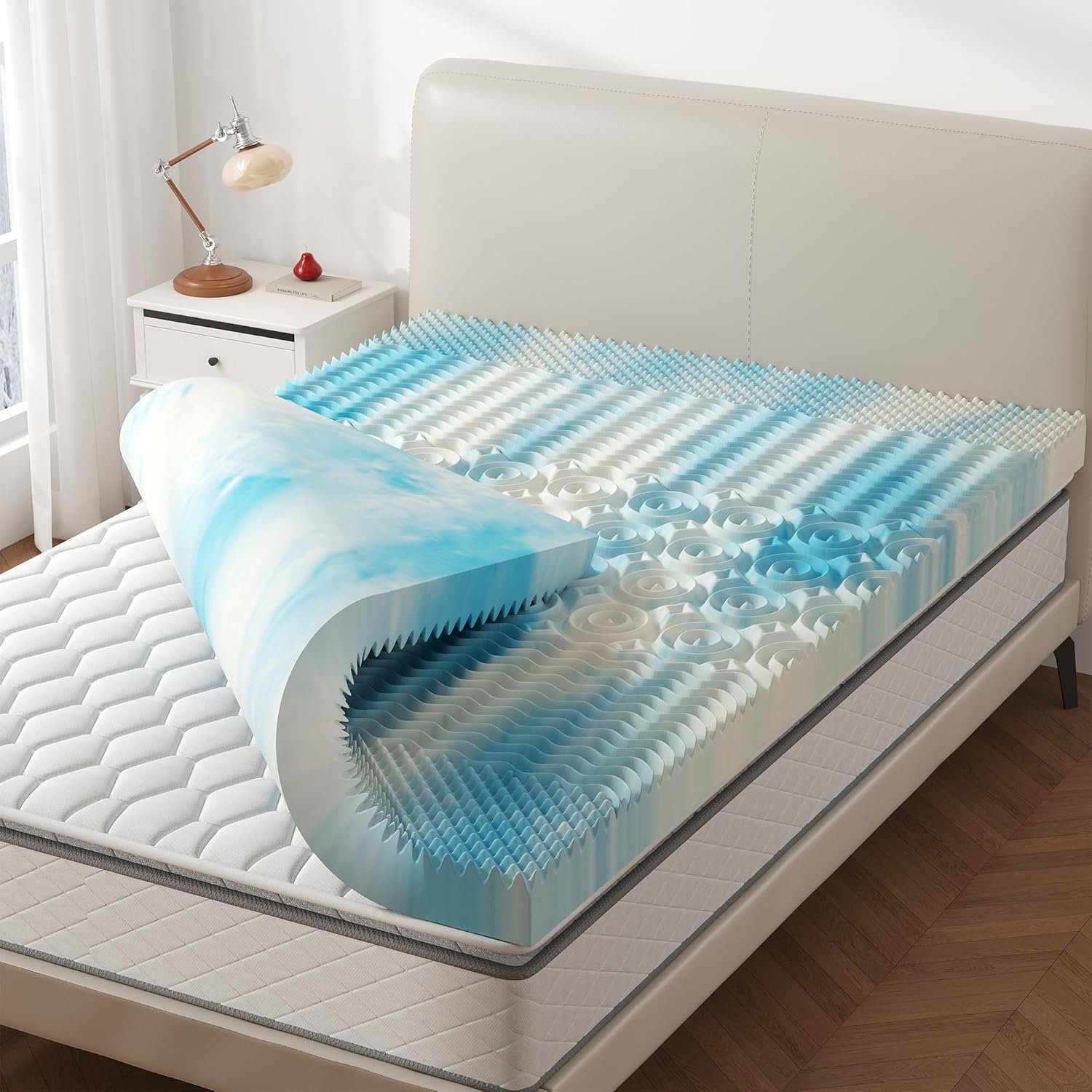 4 Inch 5-Zone Cooling Gel Memory Foam Mattress Topper Full, Pressure Relief for Back & Hip Pain, Soft Reversible Pad for Dorm RV Camping, CertiPUR-US Certified, Blue