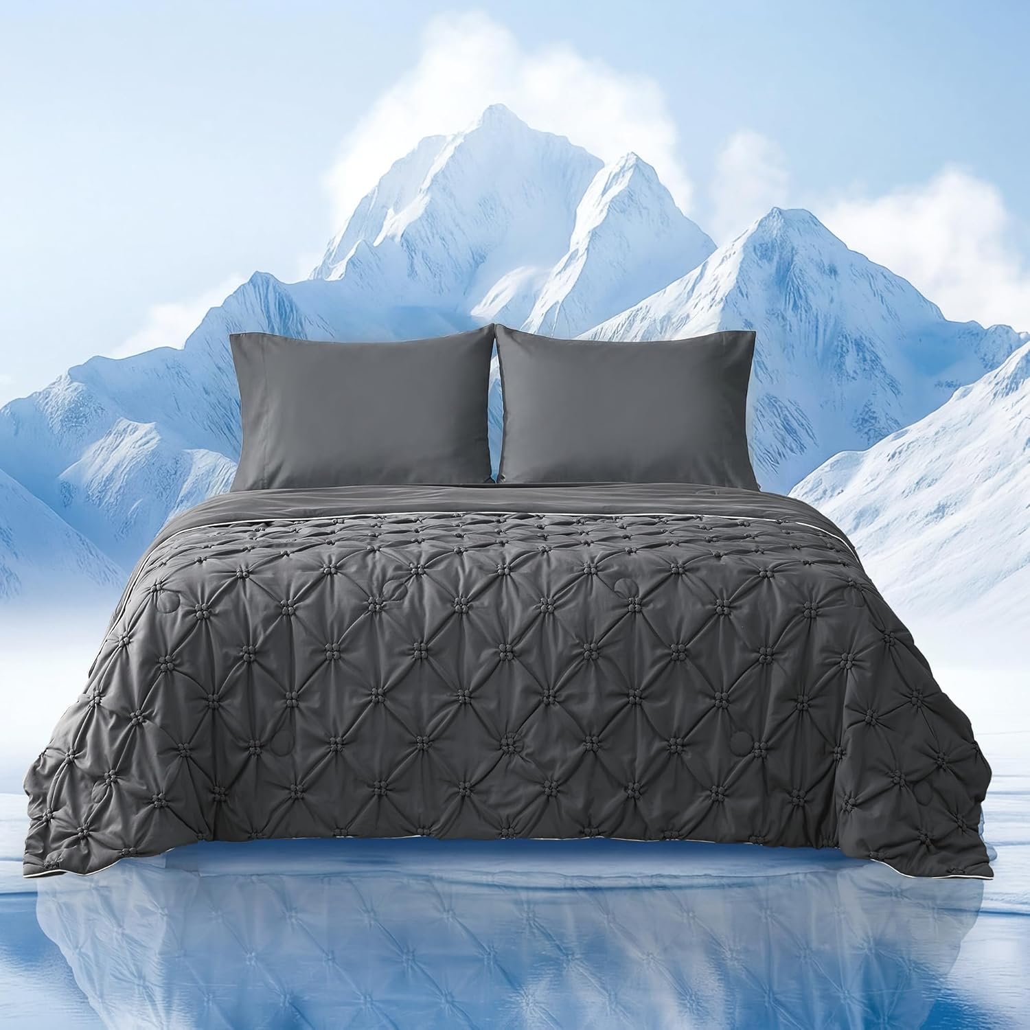 Amélie Home Elegant Pintuck Cooling Comforter Queen Size, Cooling Blanket for Hot Sleepers, Lightweight Summer Bedding with Q-Max 0.45 Cooling Fabric, Cold Blanket, 90”x90”, Charcoal Grey