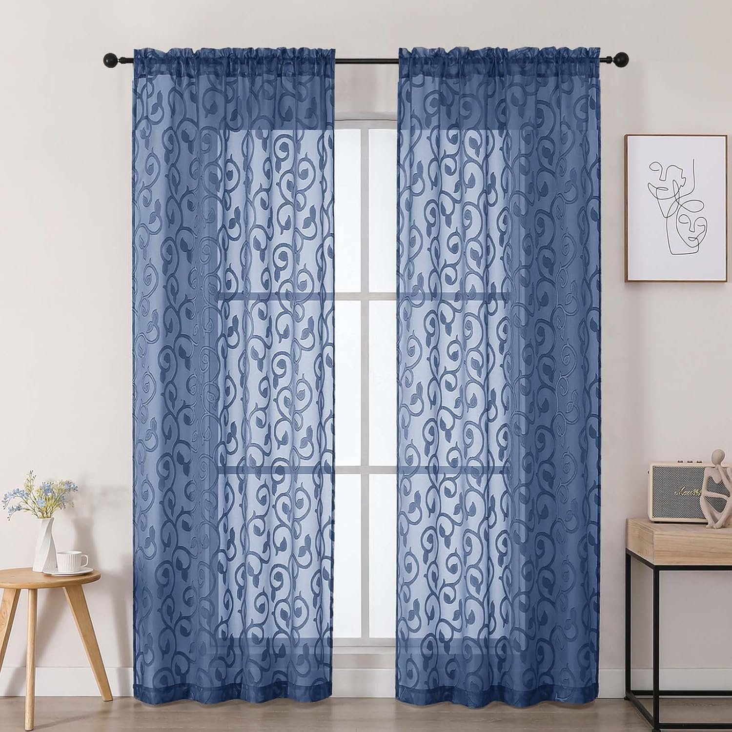 Dusty Blue Sheer Curtains 84 Inches Long 2 Panels Set for Bedroom Living Room, Soft Solid Airy Elegant Geometric Jacquard Clip Light Filtering Curtains Drapes, 2Pcs Total Wide 84″ Inch