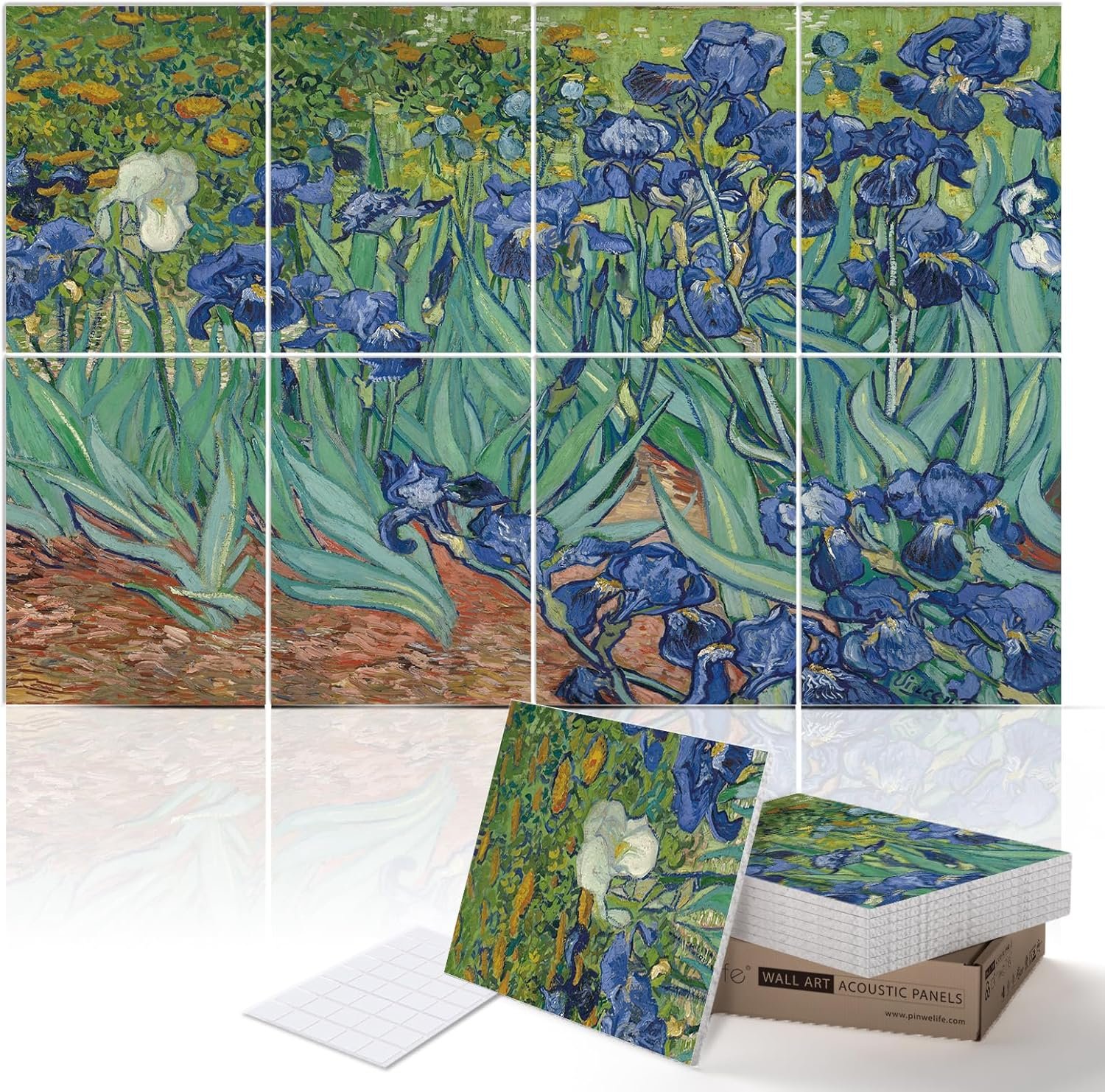 PINWELIFE® Wall Art Acoustic Panels, Sound Proof Absorbing Panels for Home/Office, Decorative Absorbing Dampening, Noise and Echo Cancelling (Van Gogh_Irises, 48″x32″)