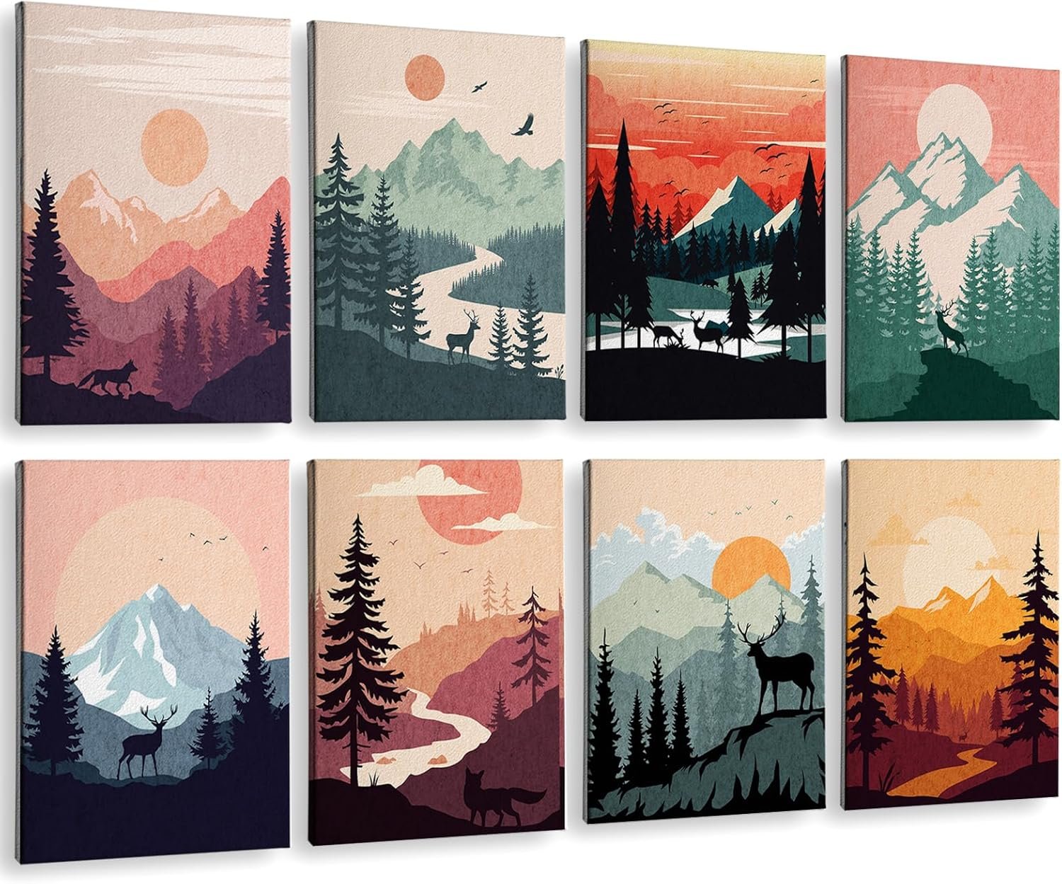 ARPEOTCY Acoustic Art Wall Panels for Bedroom, Recording Studio, TV, podcast, 48x32in, Mountain Forest Illustration Wall Decor, Soundproof Sound Absorbing, 8pcs