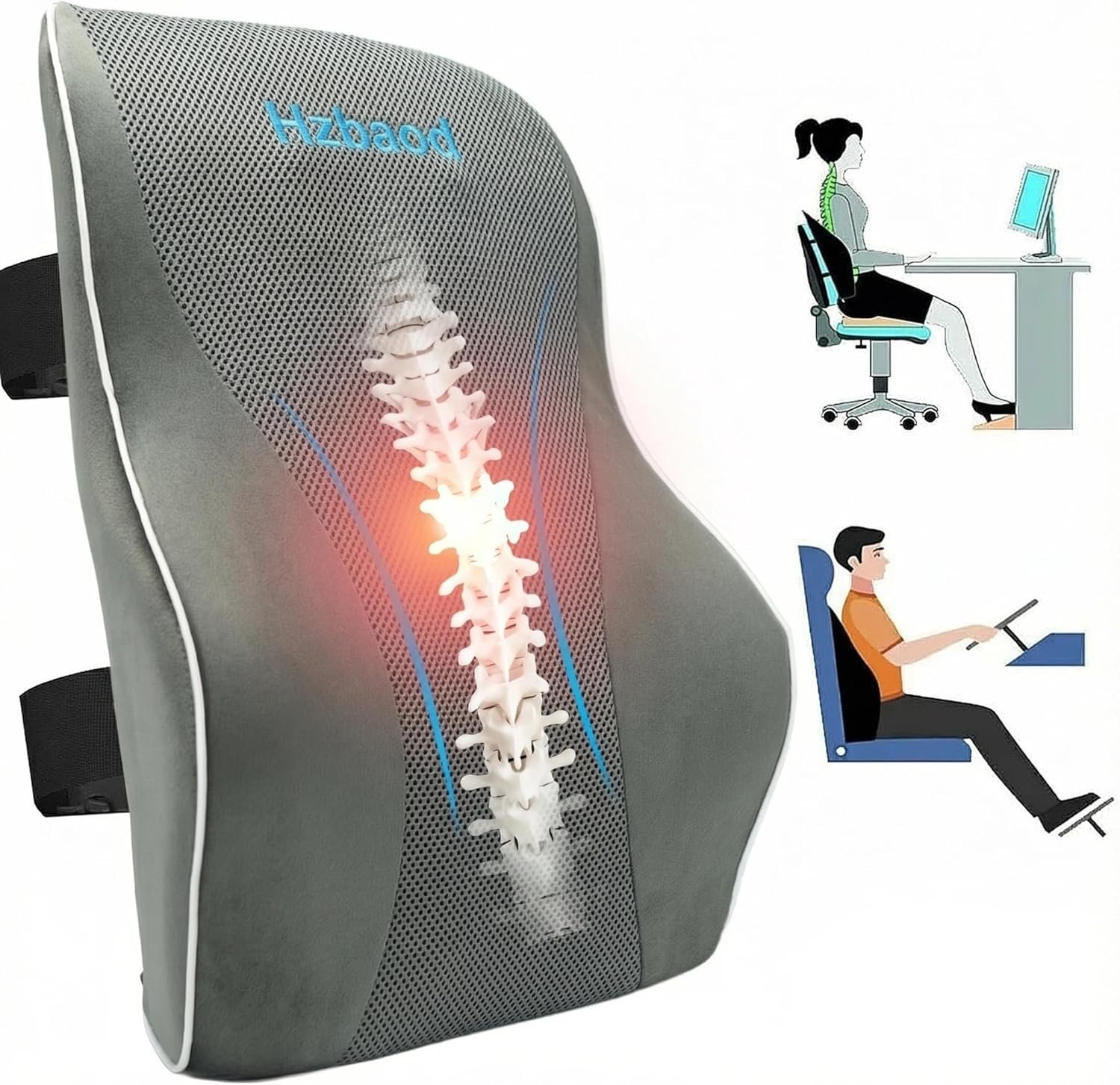 Lumbar Support Pillow for Office Chair – Back Pain Relief, Improve Posture, Double Adjustable Straps