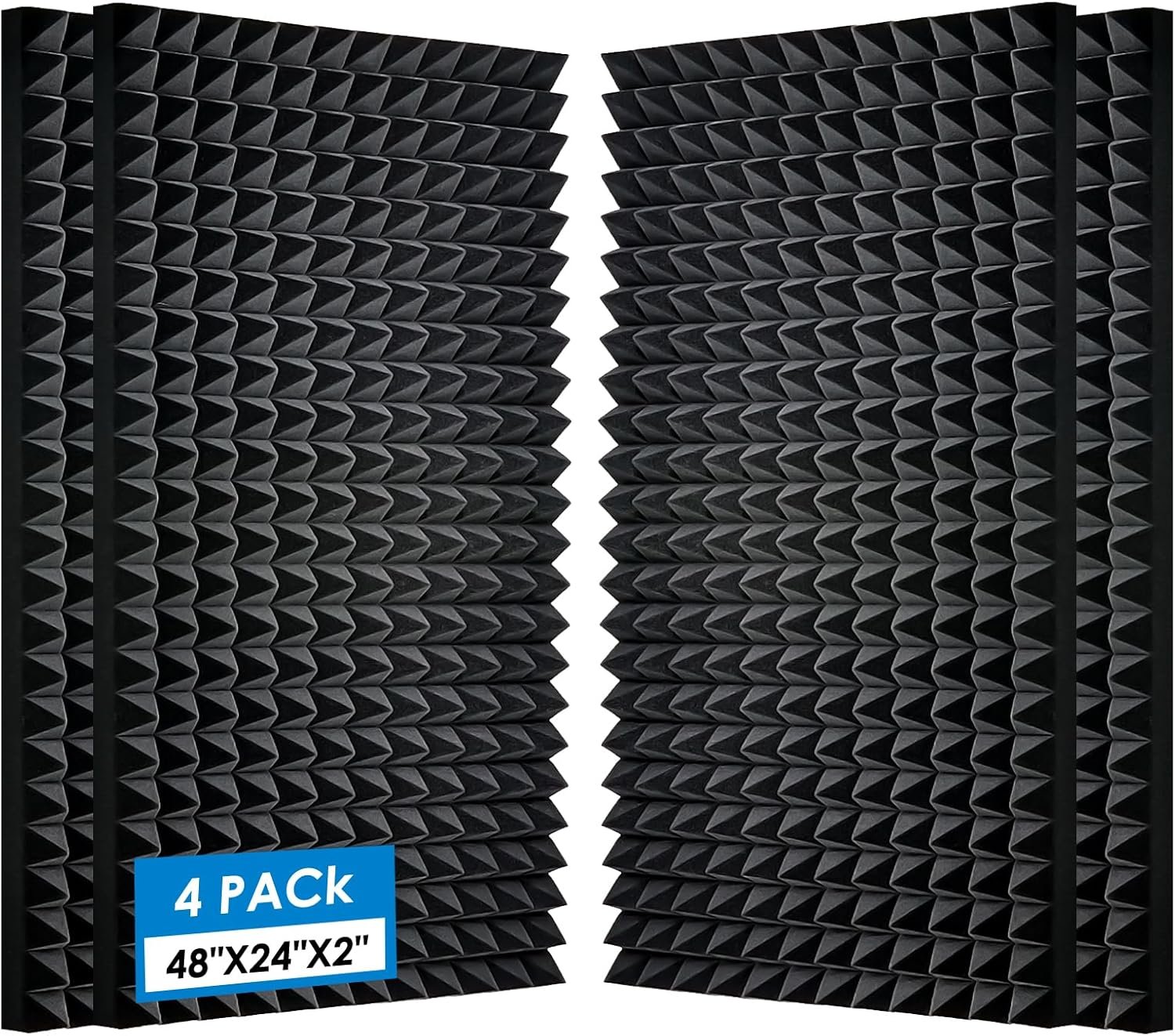 4 Pack-48 x 24 x 2 Inches Pyramid Designed Acoustic Foam Panels, Sound Proof Foam Panels, High Density and Fire Resistant Acoustic Panels, Studio Foam for Wall (Black 4 Pack, 48 x 24 x 2 Inches)
