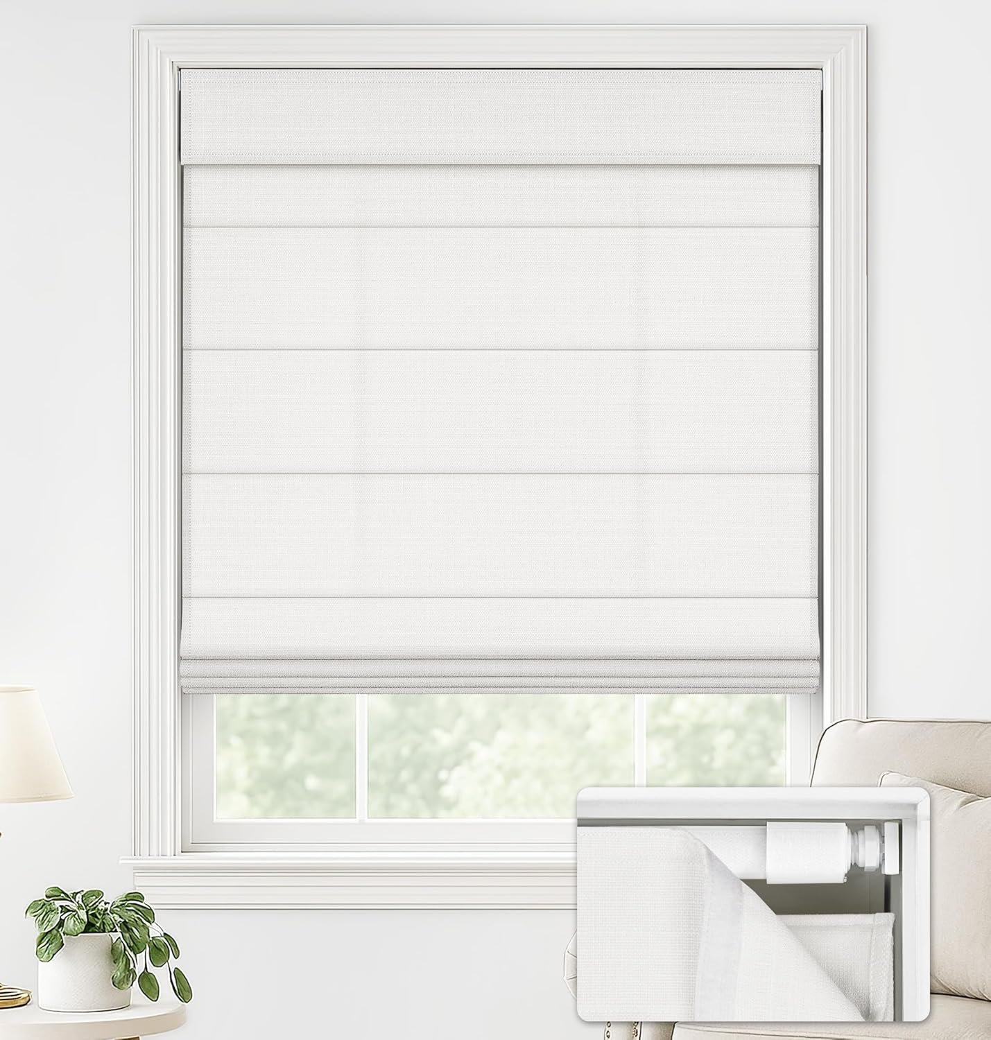 LazBlinds No Drill Roman Shades for Windows, Cordless Light Filtering Window Shades with UV Protection, Polyester Fabric for Bedroom & Living Room, 27″ W x 64″ H, Off White