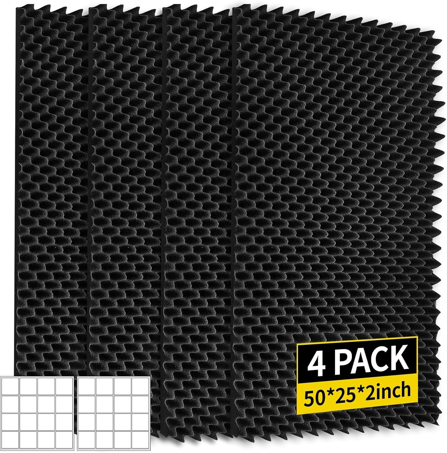 4 Pack Sound Proof Foam Panels 50x25x2 Acoustic Foam Panels Egg Crate Foam for Walls Soundproof Studio Noise Thermal Insulation Soundproofing Waterproof with Adhesive Stickers
