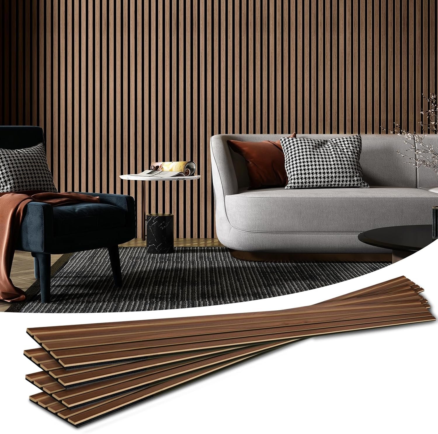 Art3d 4-Piece Wood Slat Acoustic Panels for Stylish Decor and Noise Reduction, 3D Textured Panel for Ceiling and Wall, Walnut