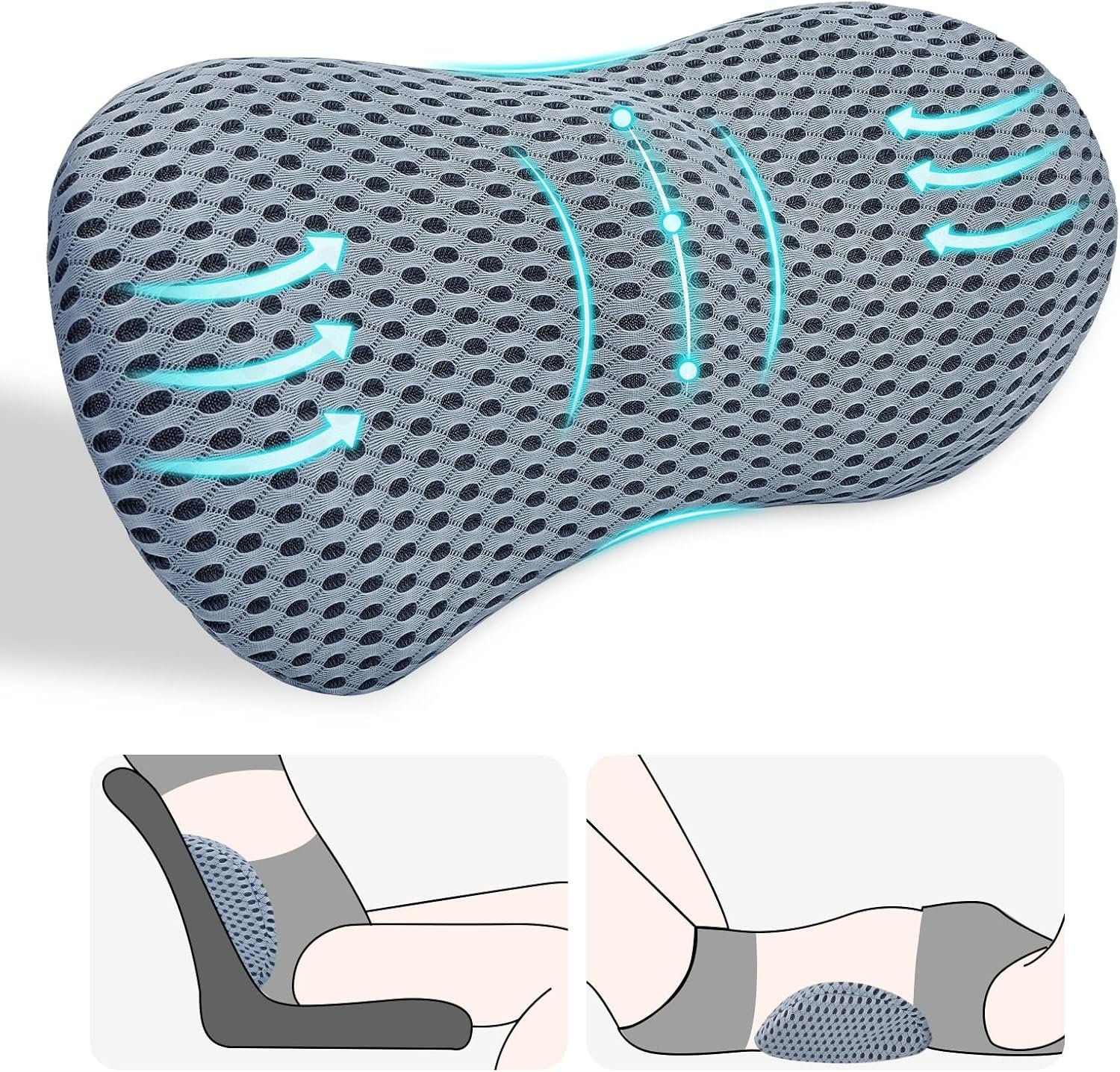 kasney Lumbar Support Pillow, Back Pillow for Low Back Pain Relief, Ergonomic Streamline Car Seat, Office Chair, Recliner and Bed (Gray)