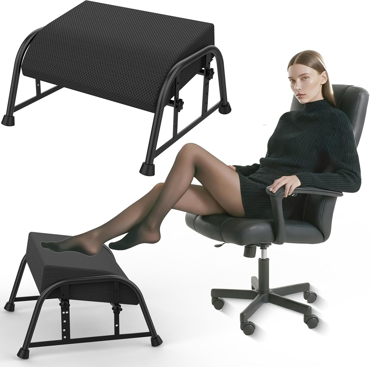 Under Desk Footrest with Memory Foam, Adjustable 10-Level Ergonomic Foot Rest for Office & Gaming Desk Accessories for Leg Rest, Reinforced Metal Frame, Non-Slip Base Extra Large（Black