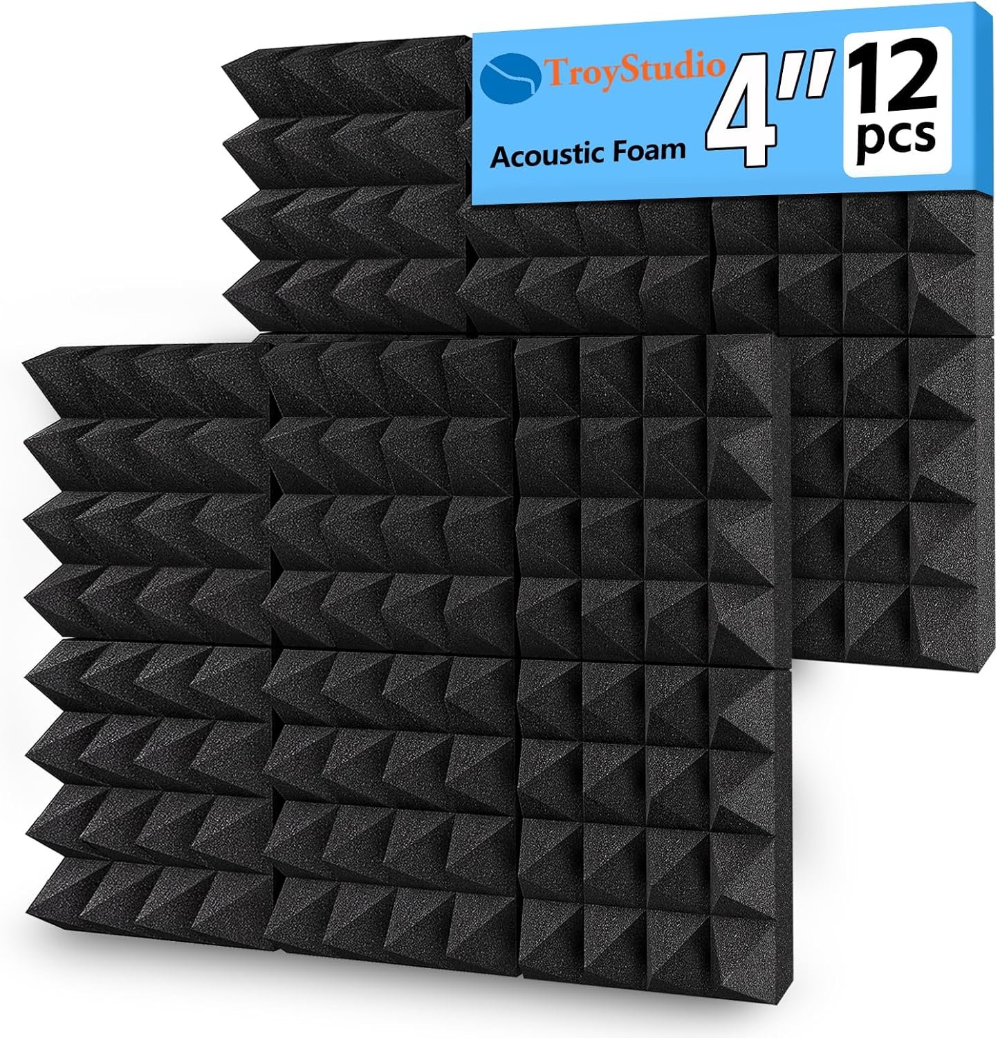 TroyStudio Thick Acoustic Foam Panels, 12 X 12 X 4 Inch 12 Pcs Broadband Sound Absorbing Foam, Dense Soundproof Padding Tile, Recording Studio Foam Absorber, Pyramid Decorative 3D Wall Ceiling Panel
