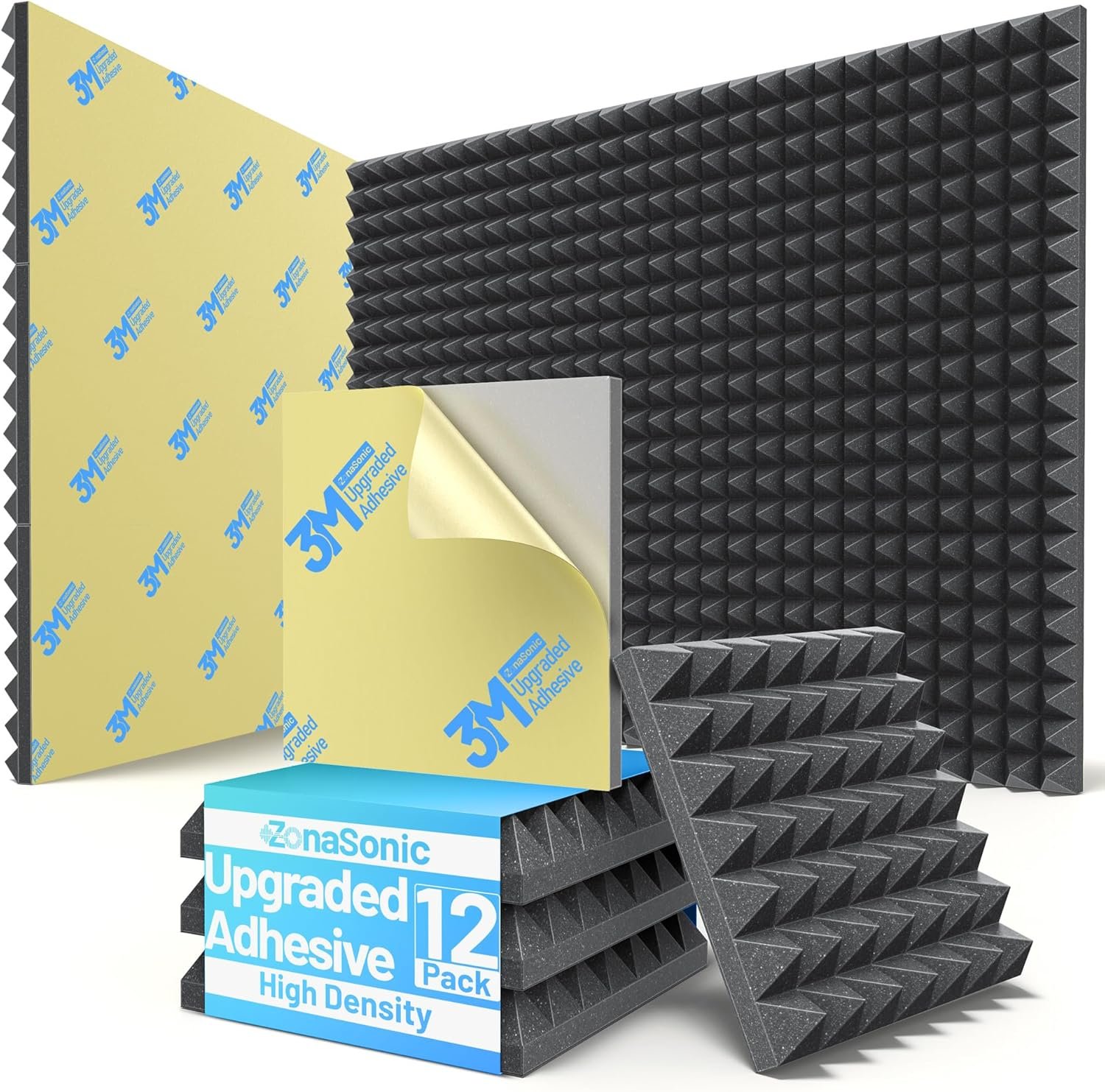 12 Pack Pyramid Sound Proof Foam Panels for Walls with Updated Self-Adhesive 2″X12″X12″ High Density Acoustic Panels Sound Absorbing Fast-Expanding Soundproof Wall Panels for Gaming Studio Decor-Black