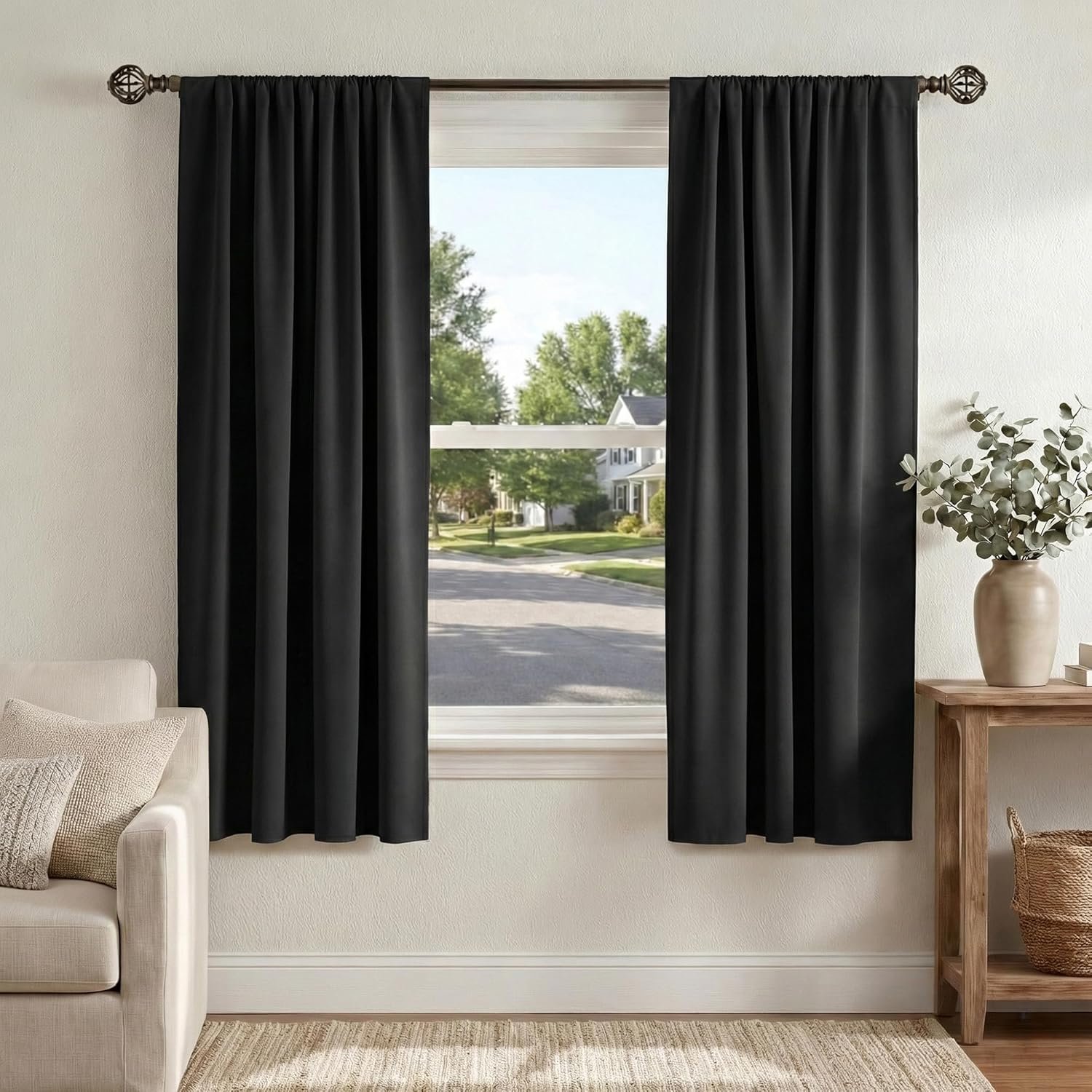 PONY DANCE Black Out Curtains 72 inch Long – Blackout Solid Rod Pocket Thermal Insulated Panels for Bedroom Living Room, Energy Efficient Window Drapes, 42-inch by 72-inch, Black, 2 Pieces