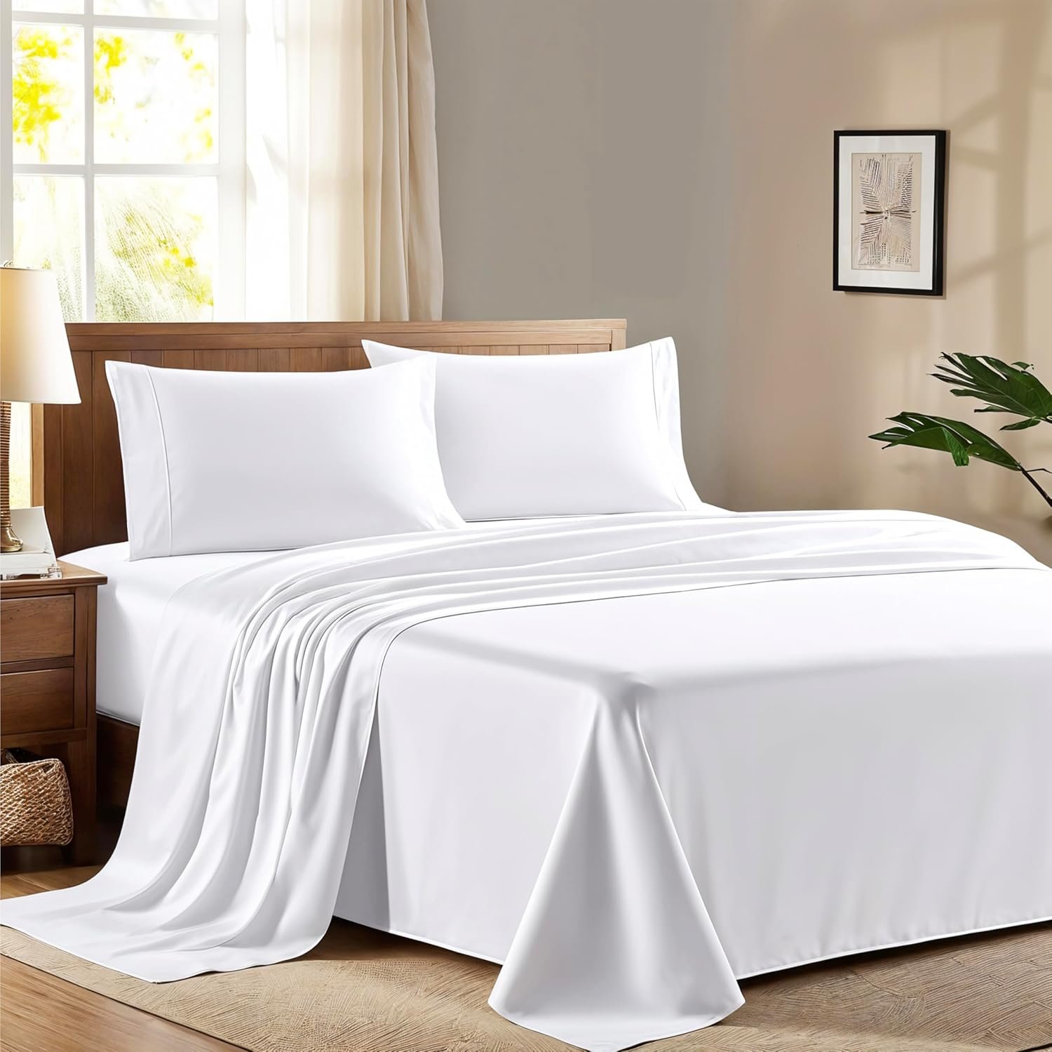 100% Egyptian Cotton Queen Size Sheet Set – 600 Series Refined Collection Sheets Set for Queen Size Bed (4 PC, White), Soft, Cooling, Luxury Hotel 16″ Deep Pocket Sateen Bedsheet