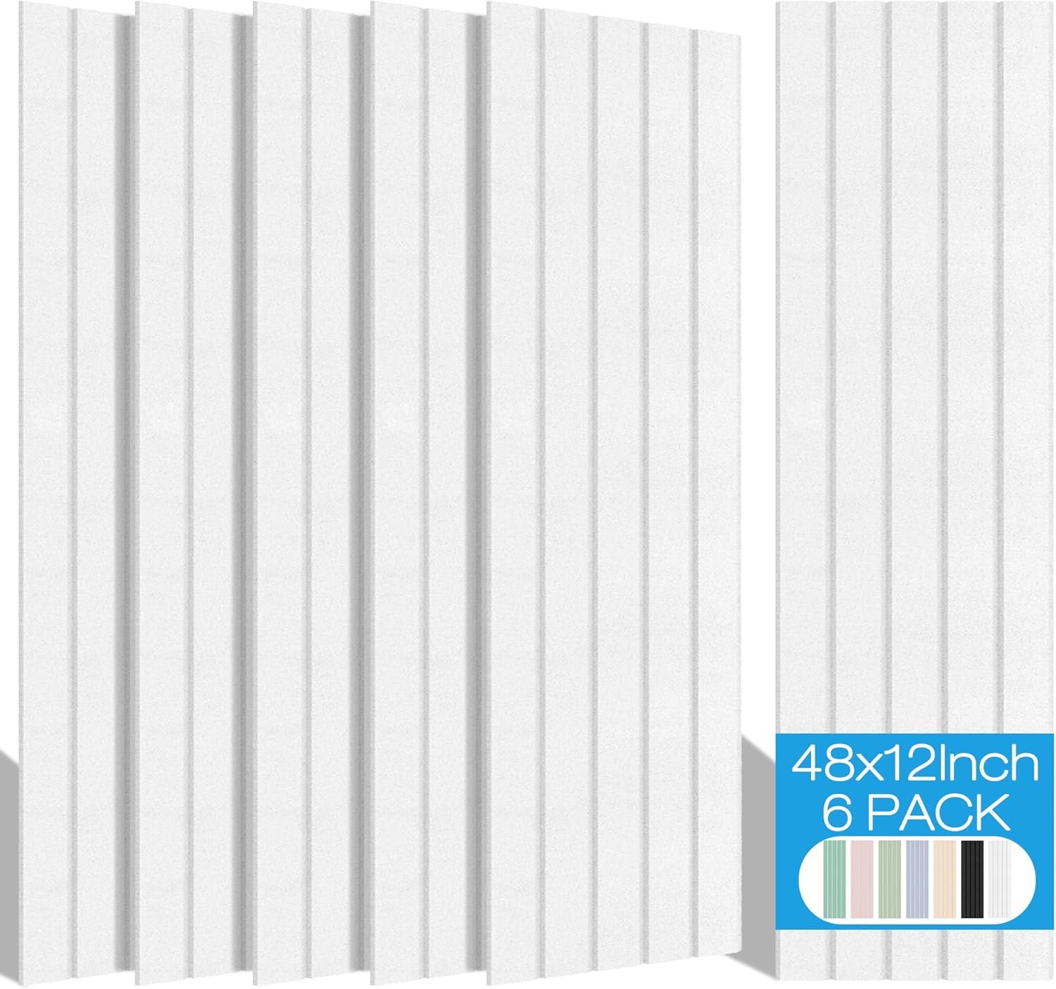 BUBOS Large Acoustic Panels, 6 Pack 48×12 Inch SoundProof Panels for Walls, Self Adhesive Acoustic Wall Panels, Decorative Sound Panels for Home Studio Office (White 02)