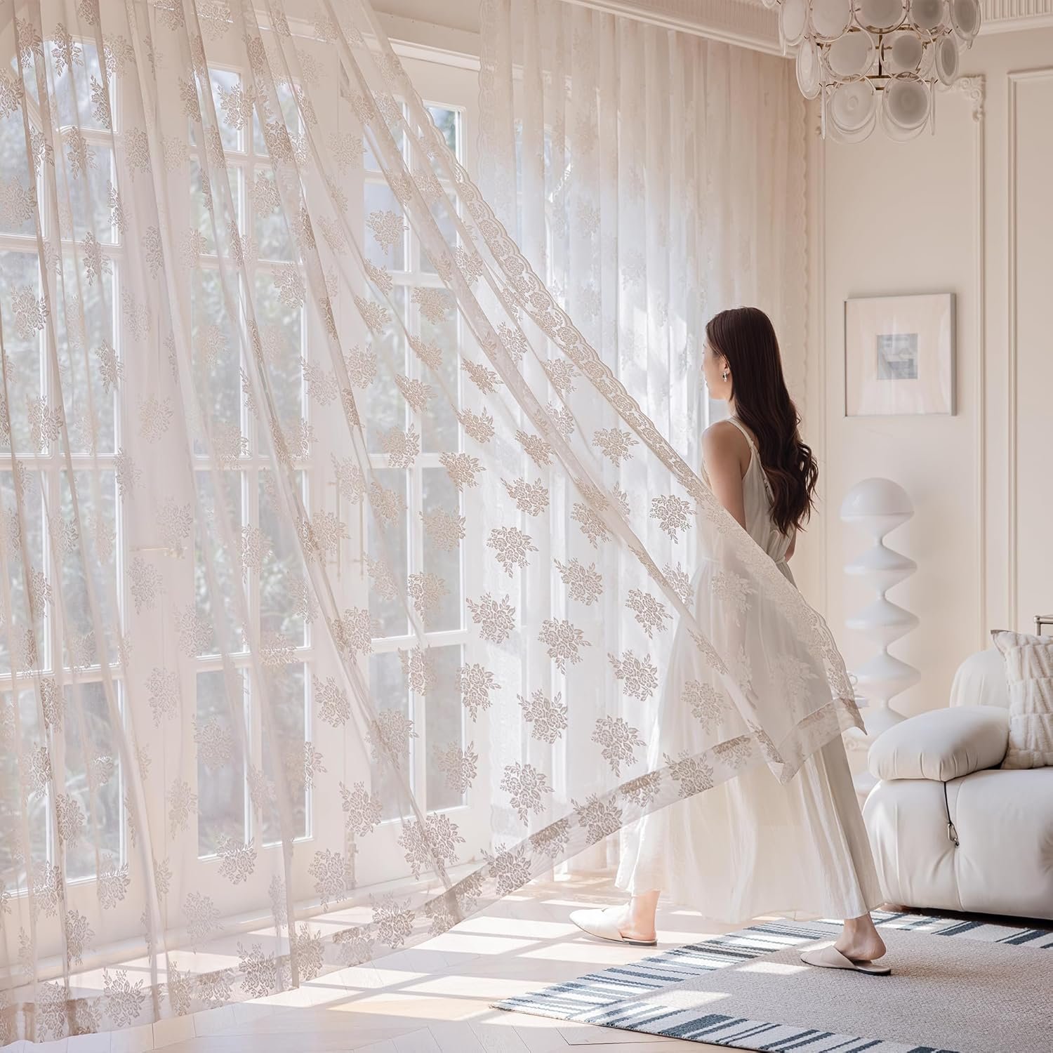 Ivory Lace Curtains 84 Inch Long Vintage Rose with Scalloped Edges Semi Sheer Curtain Drapes for Living Room, Bedroom Cream Lace Window Sheer Curtains with Rod Pocket, 57″W x 84″L, 2 Panels