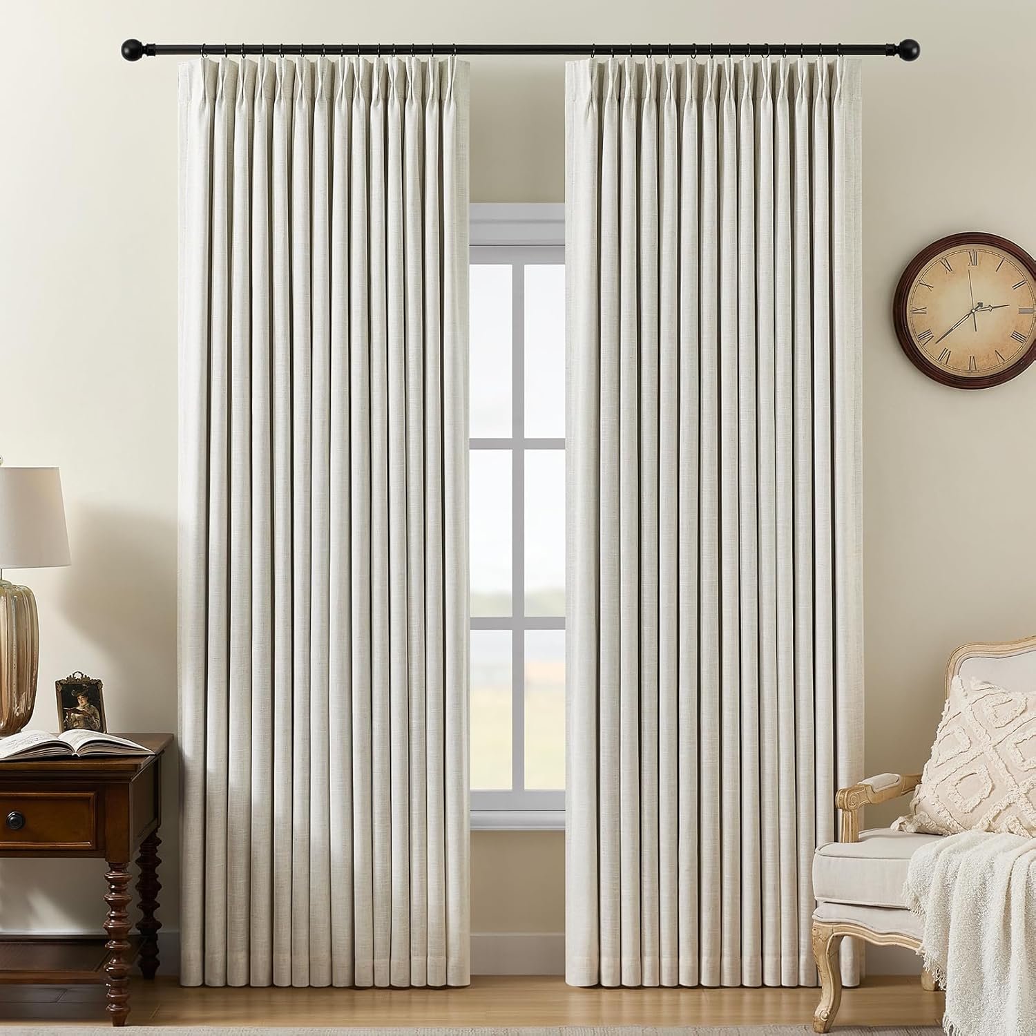 Pinch Pleated Curtains 100% Blackout Linen Curtains 95 Inches Long for Bedroom Living Room, Natural Memory Trained Thermal Insulated Room Darkening Window Pleat Drapes with Hooks, 2 Panels, 40″Wx95″L