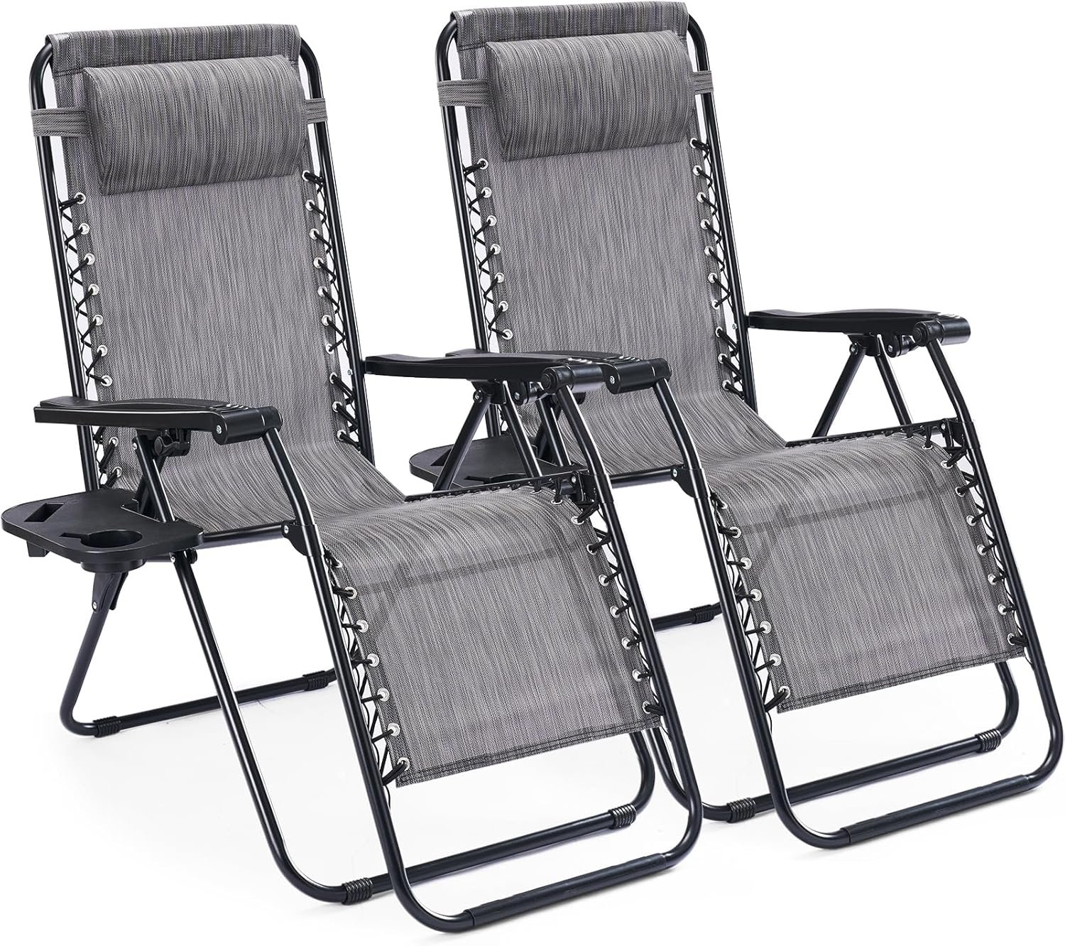 NEWBULIG Zero Gravity Chair Set of 2, Lounge Chair Folding Portable Adjustable Camping Reclining Chairs with Adjustable Pollow, Mesh Back, Cup Holder Trays Lawn Patio Chair for Pool Beach – Grey