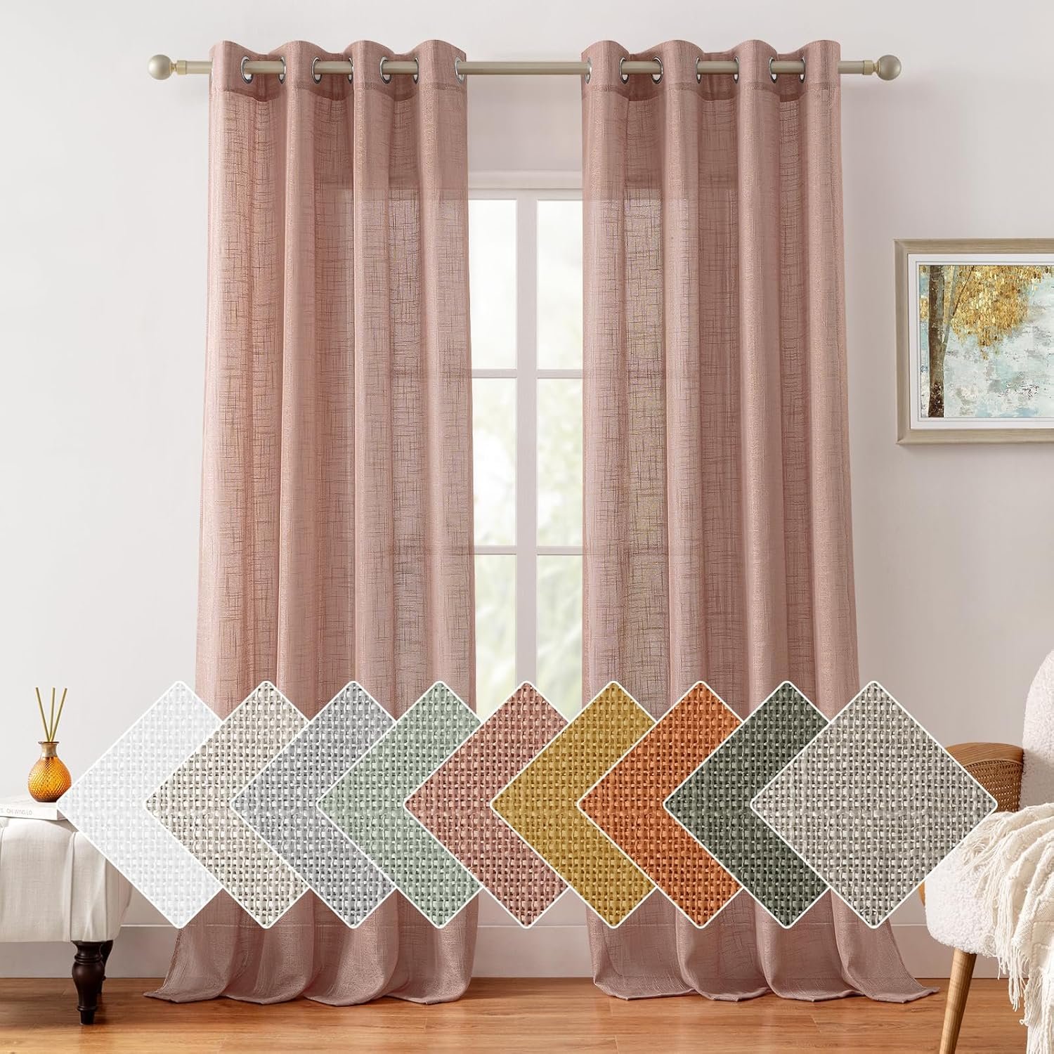HOMEIDEAS Blush Pink Linen Sheer Curtains 96 Inches Long 2 Panels Textured Dusty Blush Semi Sheer Curtains Farmhouse Curtains Sheer Privacy Window Curtains for Bedroom Living Room