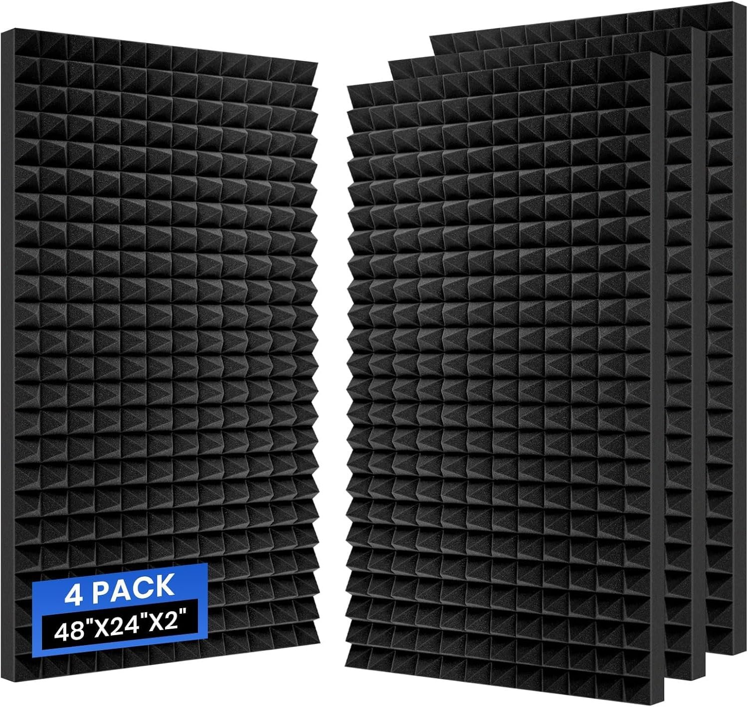 Focusound 4 Pack Pyramid Acoustic Foam Panels, 48”X24”X2” Sound Proof Foam Panels for Walls, High Density Noise Cancelling Soundproofing Panels for Studio Office (Black)