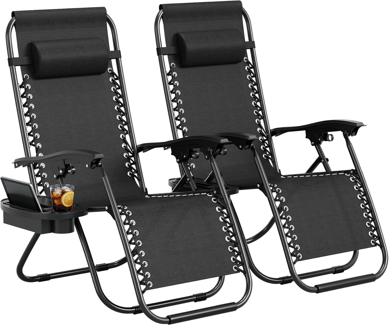 Garvee Zero Gravity Chair Set of 2, Patio Lounge Chair Outdoor with Pillow & Cup Holder Tray, Adjustable Reclining Chair, Folding Portable Camping Chair for Deck, Beach, Yard, Garden – Black