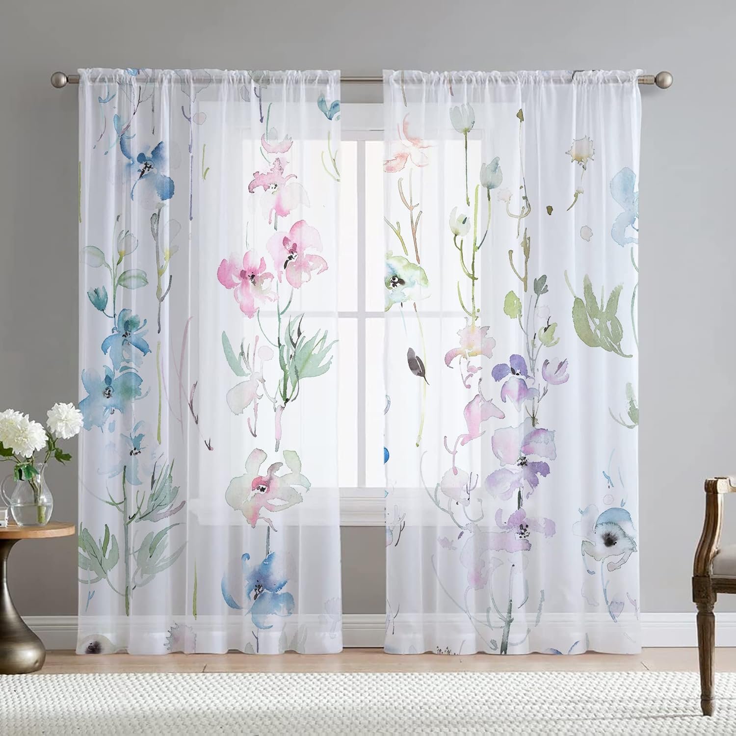 Floral Leaves Curtains for Living Room 84 inch Length 2 Panels Set Elegant Blue Pink Spring Flower Printed Window Curtain Natural Sheer Curtains Chiffon Drapes for Bedroom