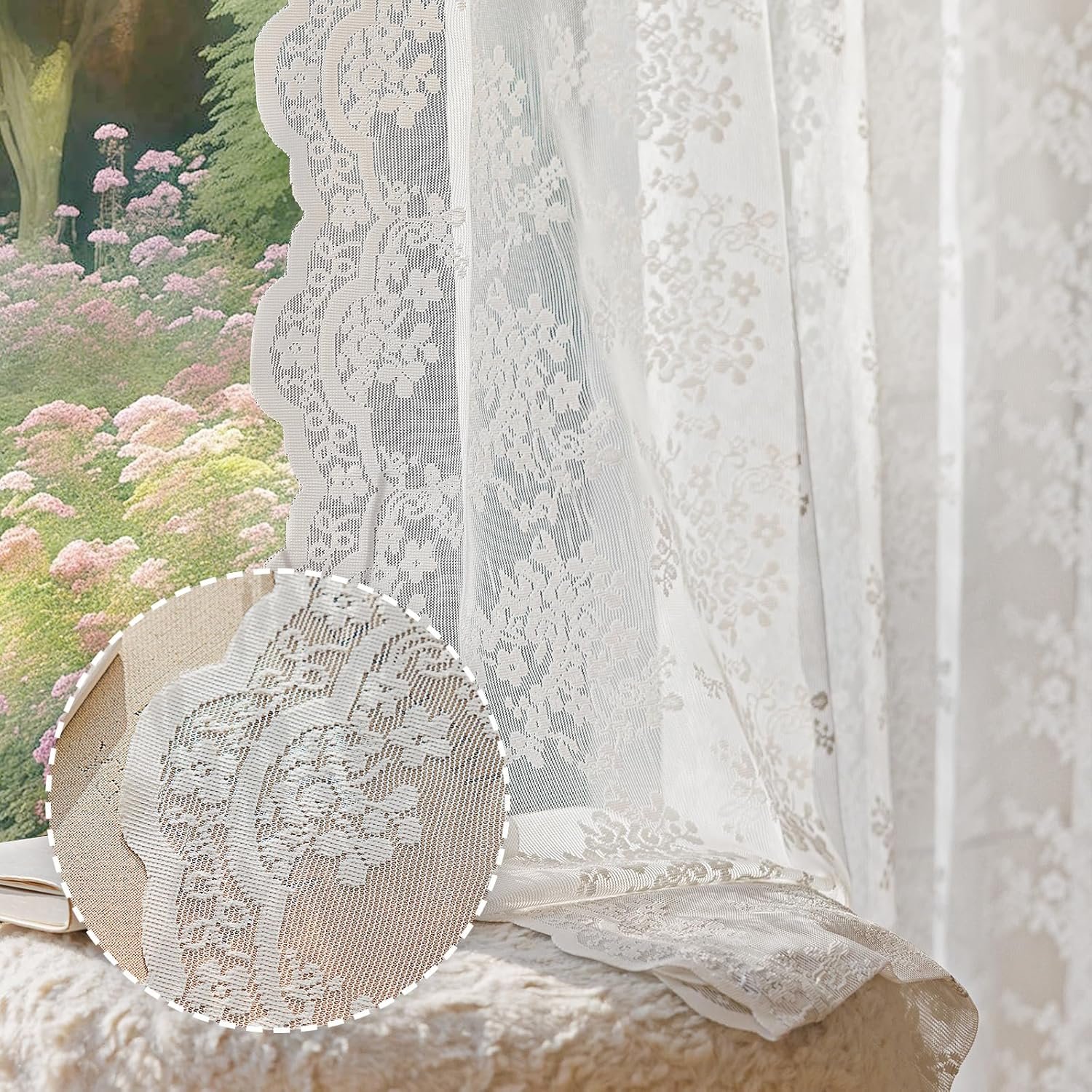 Anmao Vintage White Lace Curtains 84 Inches Long 2 Panels Set, Romantic Elegant Light Filtering Semi Sheer Floral Thick Lacy Curtain Drapes for Living Room and Bedroom, Each Panel 55W x 84L, Off White