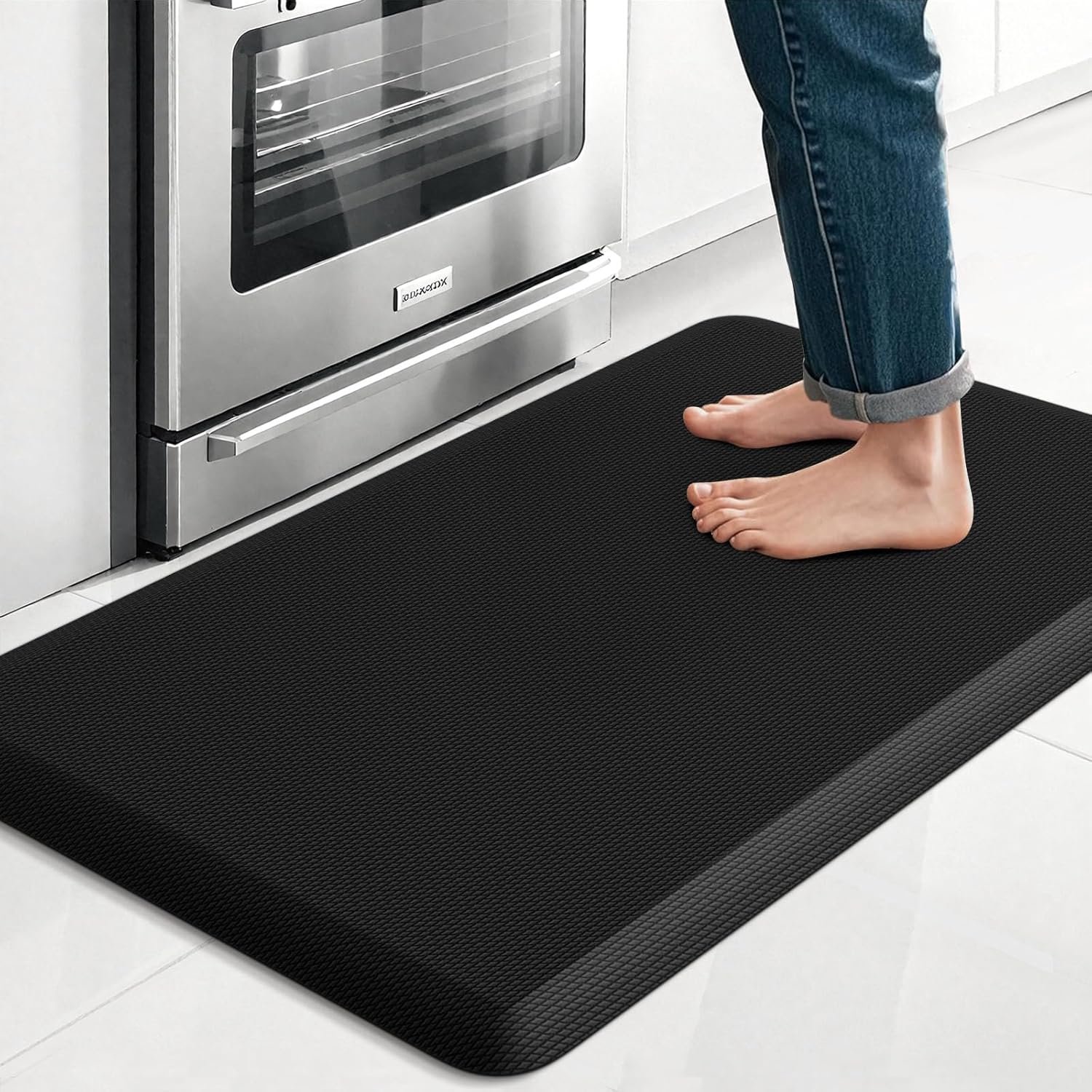 TranquilRelax Kitchen Mat, Cushioned Thick Floor Comfort Mat, with Non-Slip Bottom, Water & Stain Resistant, Easy Clean Standing Desk Mat for Kitchen, Sink, Office (17.3″x28″, Black)