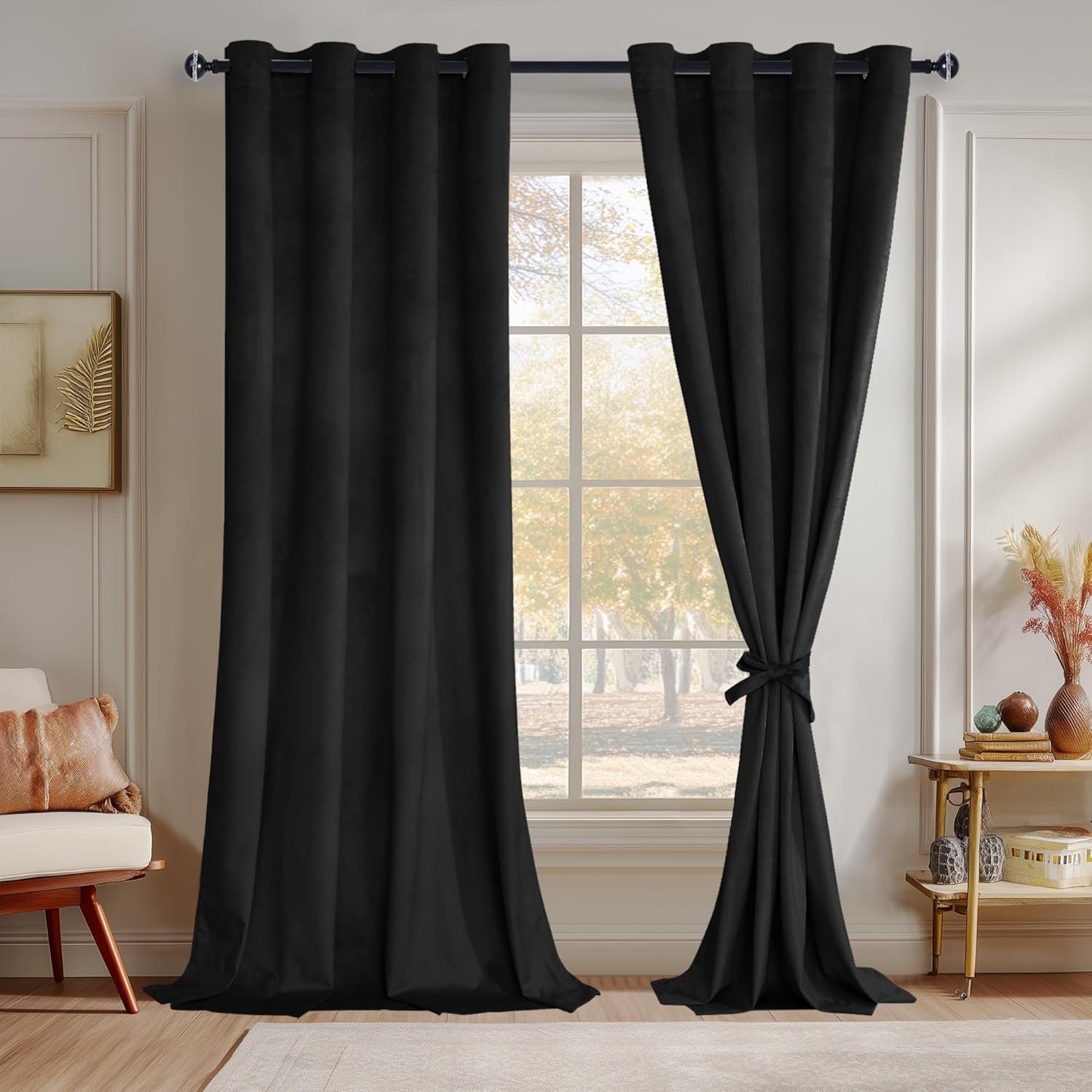 JIUZHEN Blcak Velvet Curtains for Living Room – 96 Inches Long Thermal Insualted Room Darkening Window Blackout Drapes for Bedroom/Movie/Background, Set of 2 Panels with Tiebacks, 52 x 96 inches