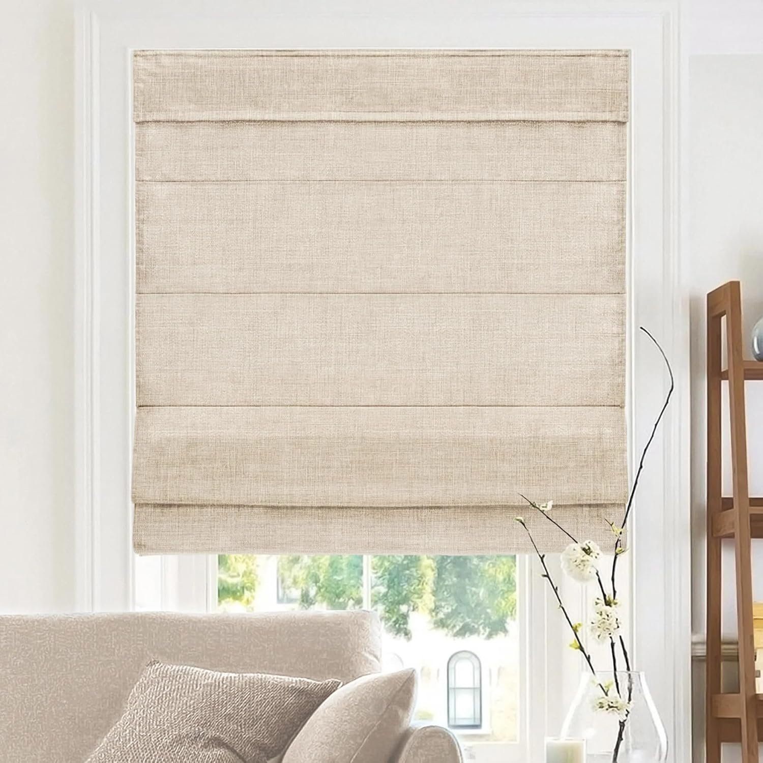 CHICOLOGY Cordless Roman Shade, Light Filtering Privacy Liner, Textured Belgian Flax Fabric, True-to-Size 34.5″ W x 64″ H, Inside/Outside/Ceiling Mount Window Treatment for Living Room Bedroom