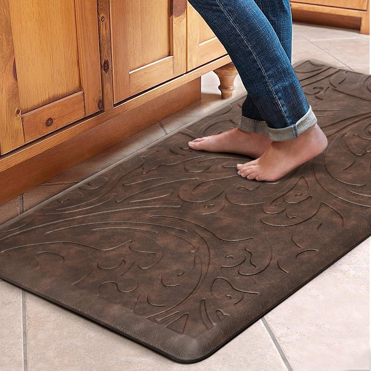 KMAT Kitchen Mat Cushioned Anti-Fatigue Floor Mat Waterproof Non-Slip Standing Mat Ergonomic Comfort Floor Mat Rug for Home,Office,Sink,Laundry,Desk 39″(L) x 20″(W),Brown