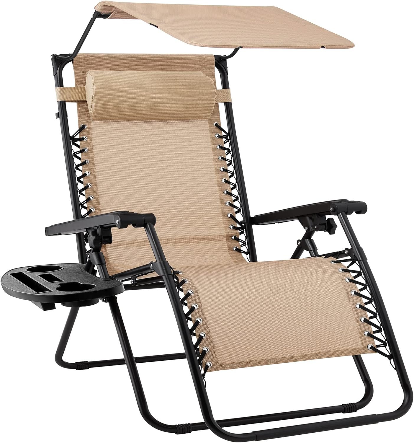 Best Choice Products Folding Zero Gravity Outdoor Recliner Patio Lounge Chair w/Adjustable Canopy Shade, Headrest, Side Accessory Tray, Textilene Mesh – Beige
