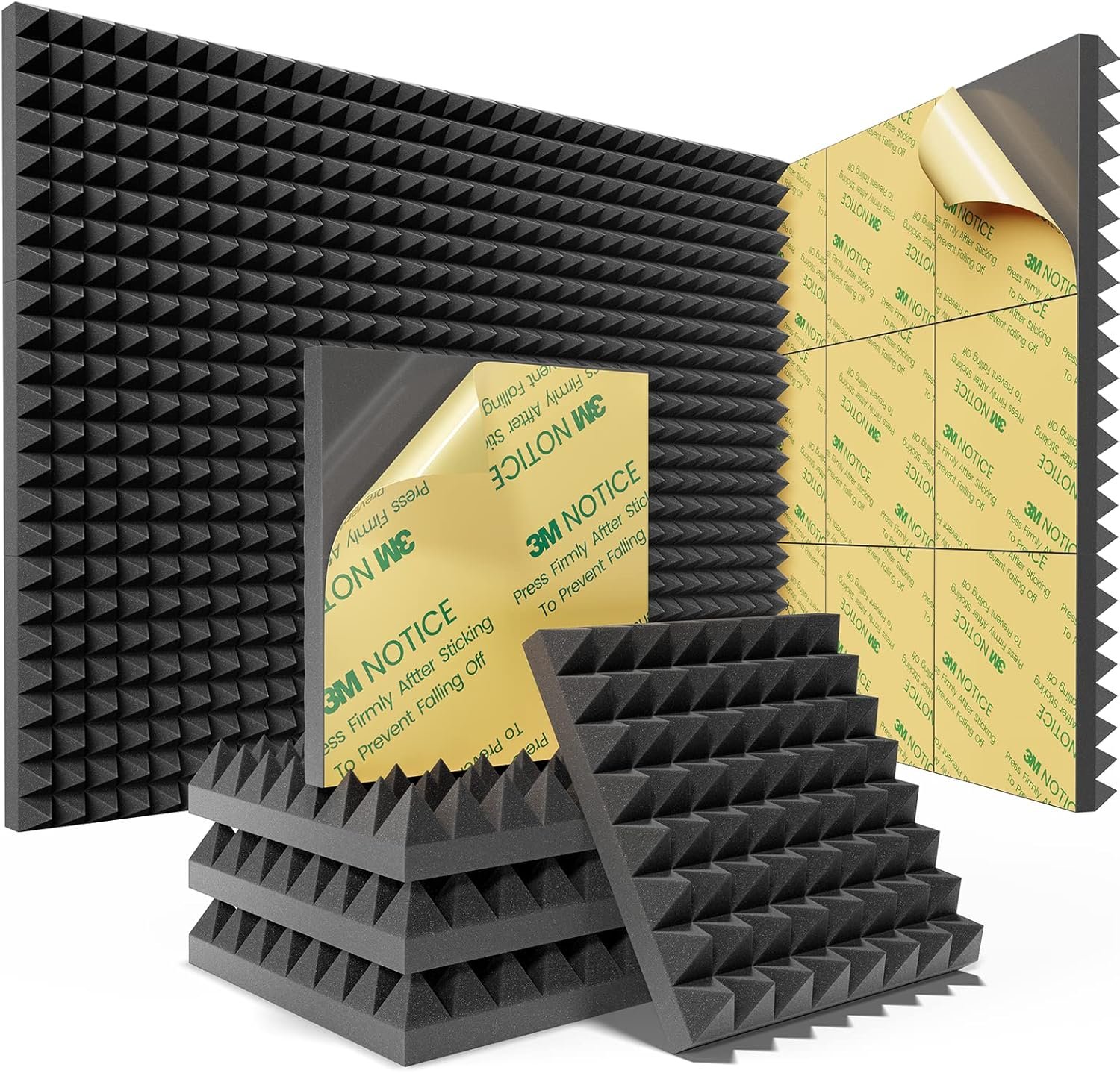 Sonicism 12 Pack Pyramid Sound Proof Foam Panels with Self-Adhesive, 12″ X 12″ X 2″ Acoustic Foam Panels of High Density, Soundproof Wall Panels Fast Expand, Sound Absorption and Decoration (Black)