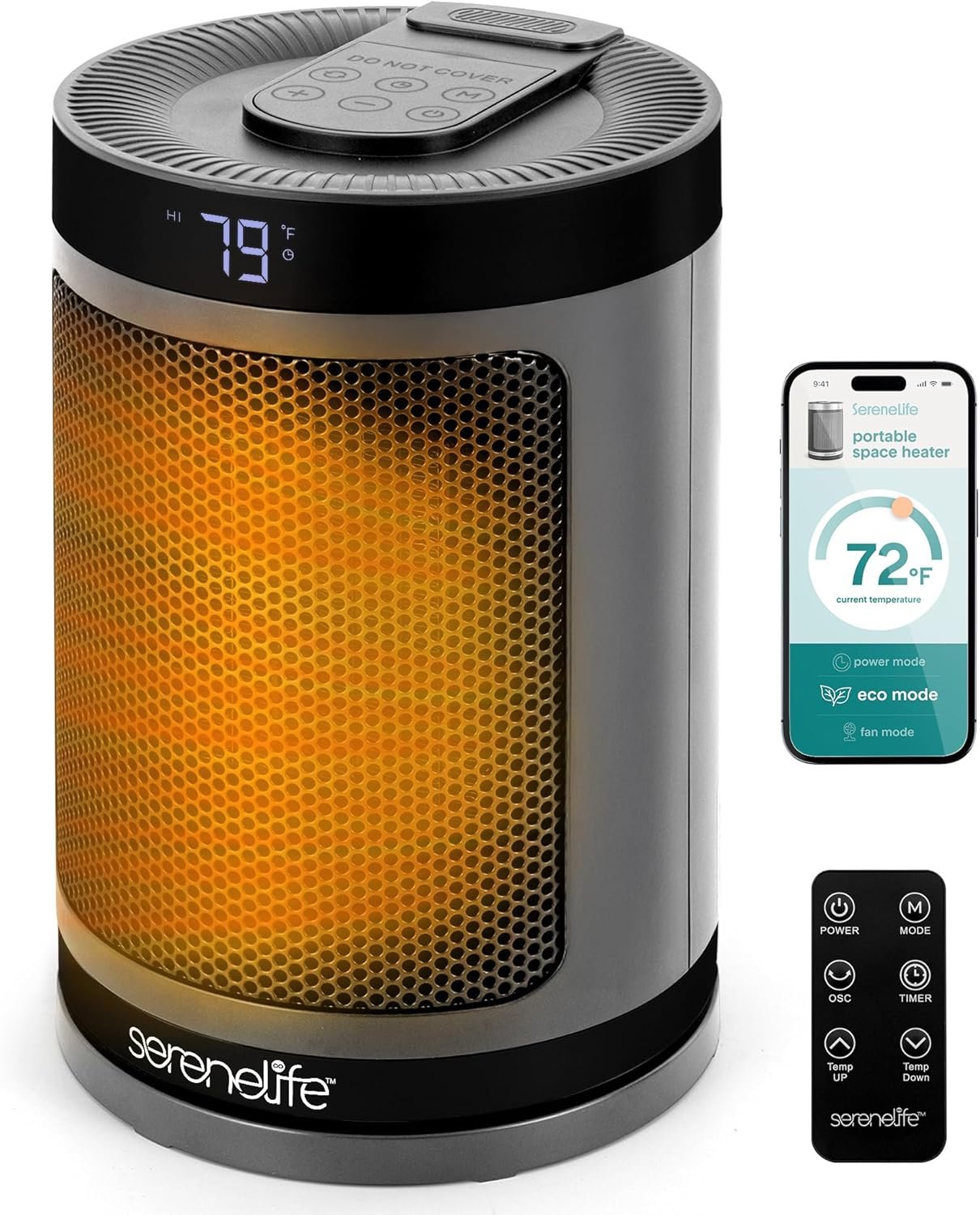 SereneLife Smart Space Heater – 1500W Indoor Electric Heater with Thermostat, Remote Control, 12-Hour Timer, Wi-Fi Enabled PTC Ceramic Heating for Home and Office, Gray (5.9″ x 5.9″ x 9.5″)