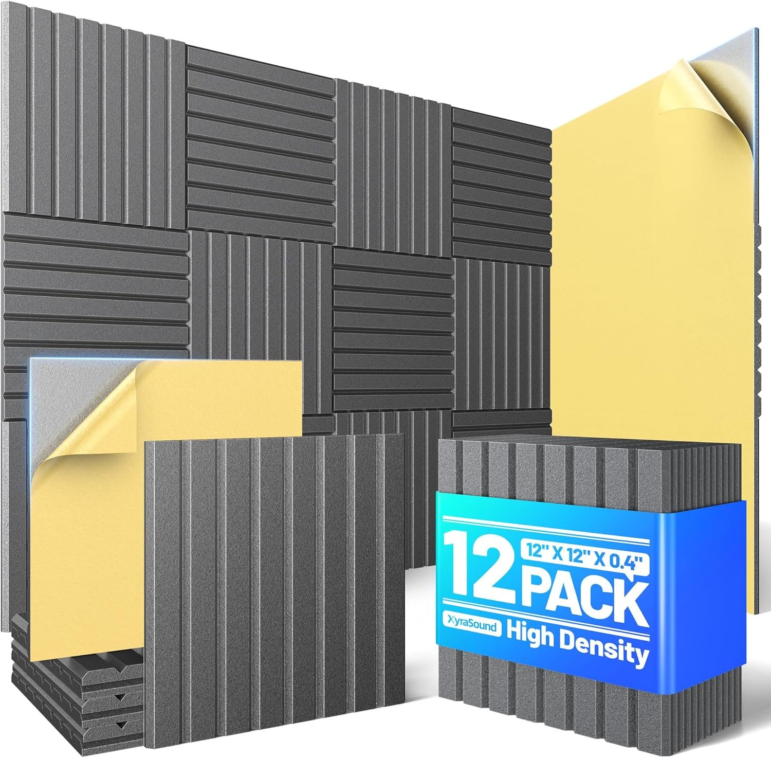12 Pack Sound Proof Foam Panels for Walls, Acoustic Panels with Self-Adhesive 12″ X 12″ X 0.4″ Slatted Soundproof Wall Panel, High Density Sound Absorbing Panel for Gaming Recoding Studio Decor-Black