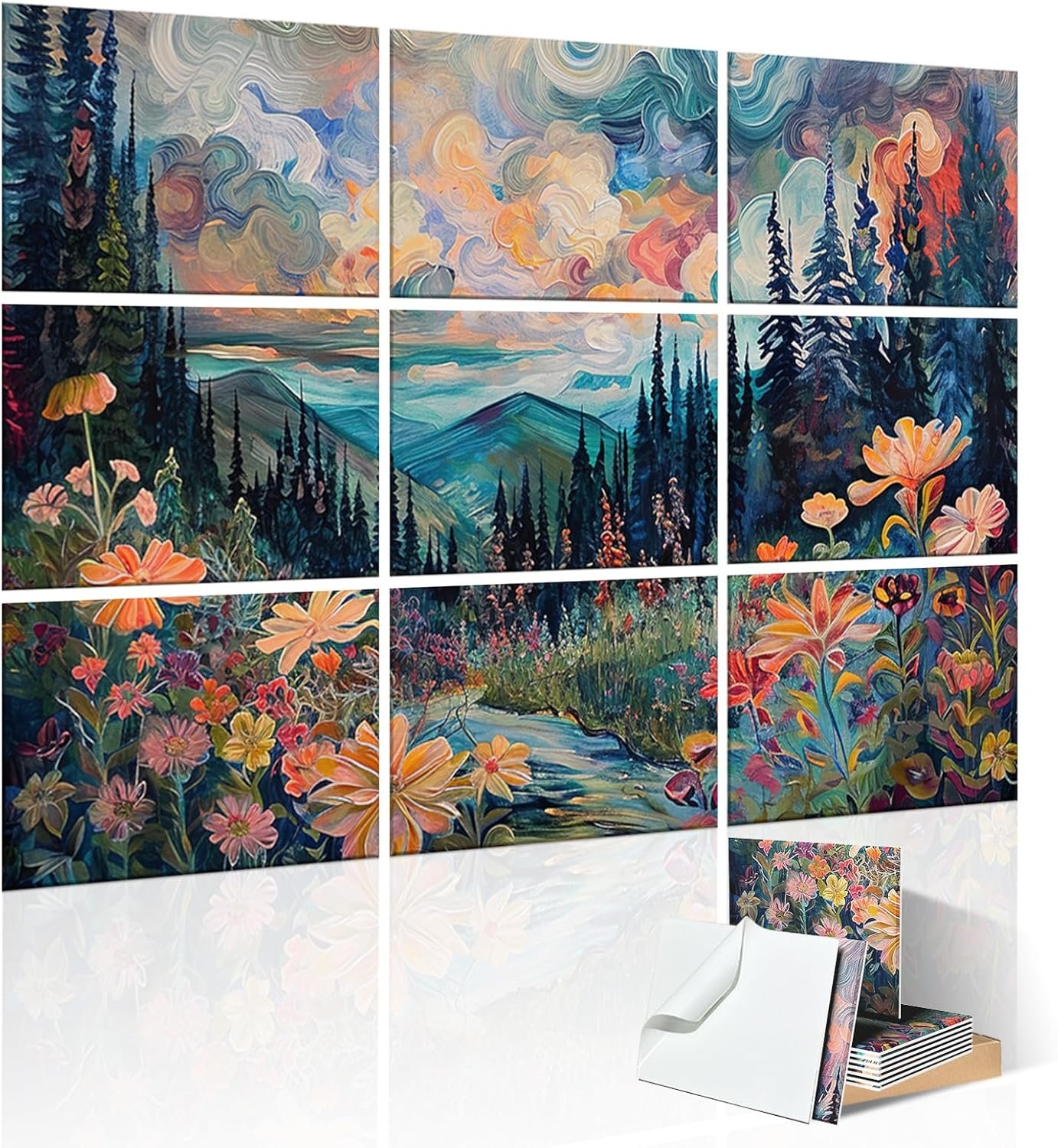 9 Pack Art Acoustic Panels with Self-adhesive,48″ X 36″Sound Absorbing Panels, Beveled Edge Decorative Absorbing Dampening, Soundproof Wall Panels for Studio Home and Office（Flowers）