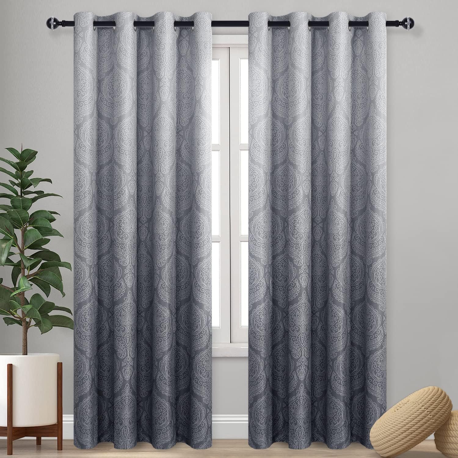DWCN Ombre Blackout Curtains for Bedroom – Damask Patterned Thermal Insulated Energy Saving Grommet Curtains for Living Room, Set of 2 Panels, 52 x 84 Inch Length, Grey