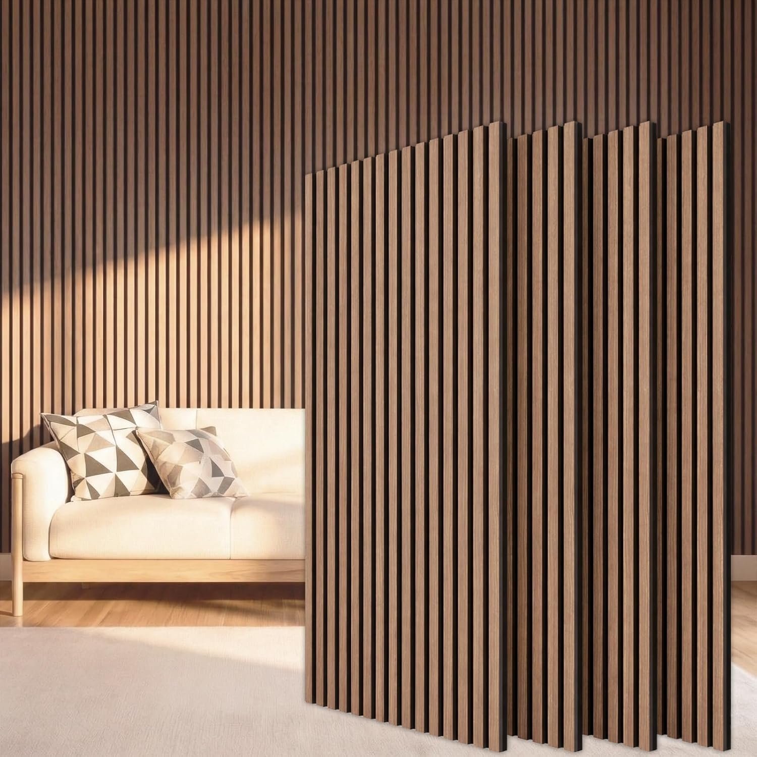 TONOR Wood Slatwall Panels, 4 Pack 47.2″ x 23.6″/ 120 x60cm(31ft²) Acoustic Wall Panels, Wood Slat Acoustic Panels for Noise Cancelling and Decoration, Living Room, Bedroom, Office, Walnut