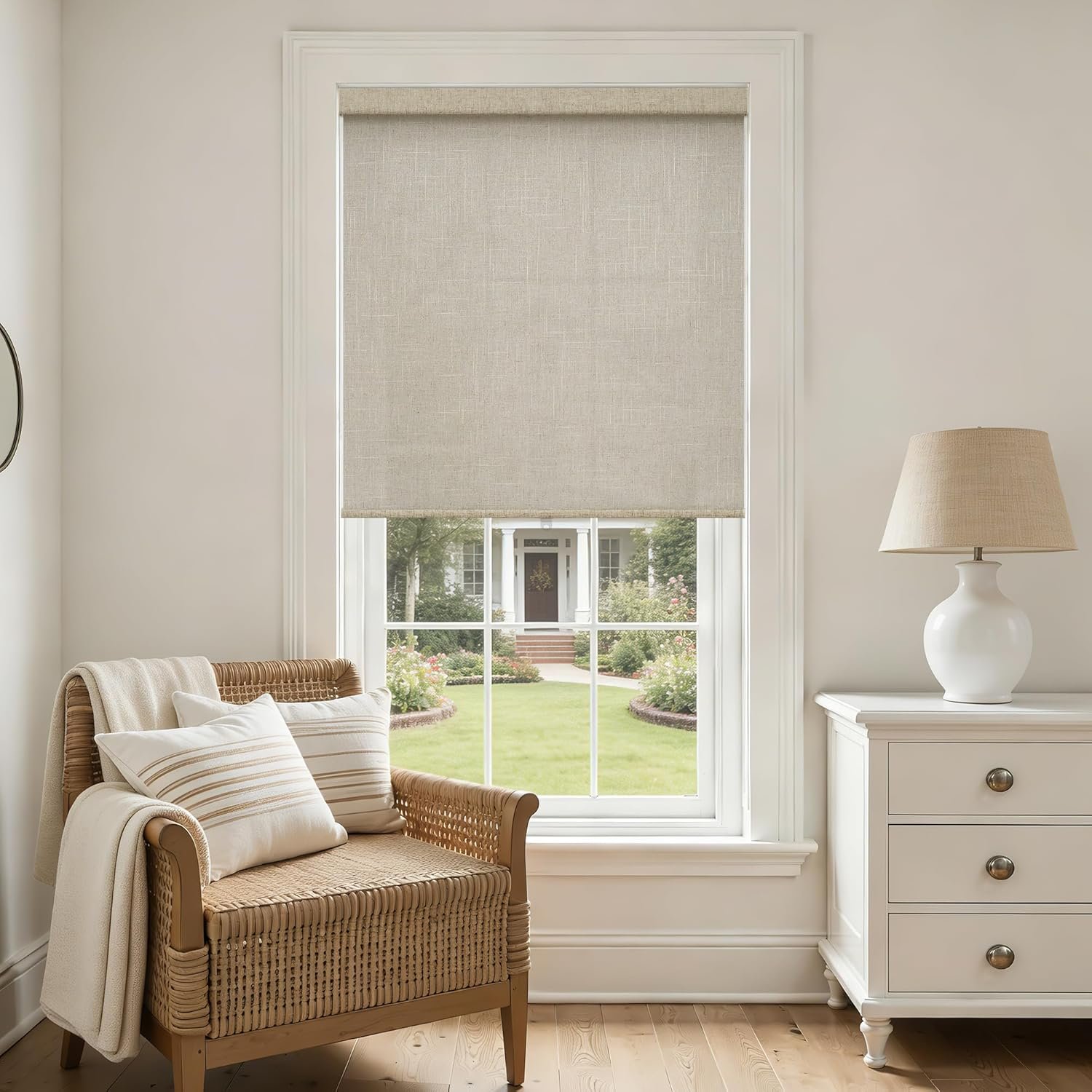 Linen Light Filtering Roller Shades for Living Room Dining Window Cordless Free-Stop Blinds with Valance Natural Beige Tan Linen Flax Shades Blinds for Indoor Bathroom Windows Bedroom 34″ W x 72″ H
