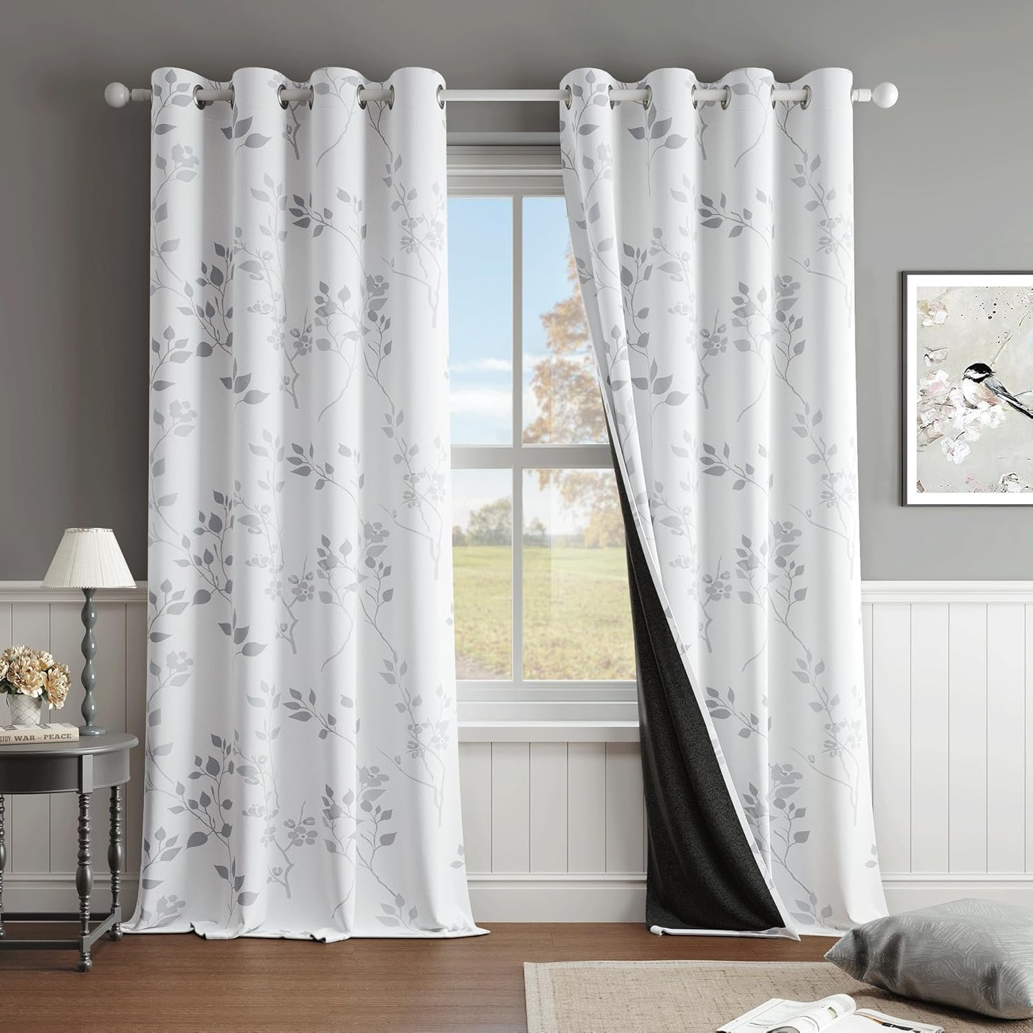Beauoop Floral 100% Blackout Curtains 84 Inches Long 2 Panels for Bedroom Living Room Grey White Flower Patterned Room Darkening Thermal Insulated Soundproof Grommet Window Treatments Drapes, 52X84