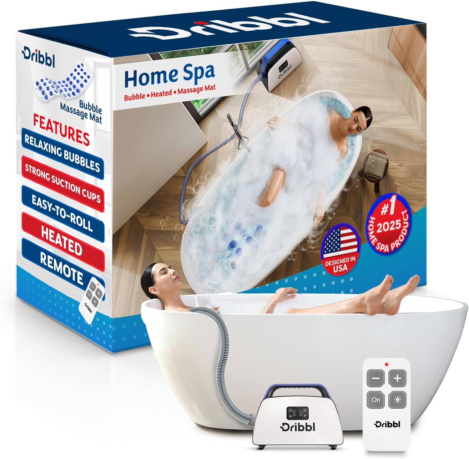 Dribbl Electric Bubble Massage Bathtub Mat – Non-Slip Full-Body Waterproof Hot Tub Spa Mat for Bath with Heater, Motorized Air Pump, and Remote Control, 6-Speed Adjustable Massage, Blue