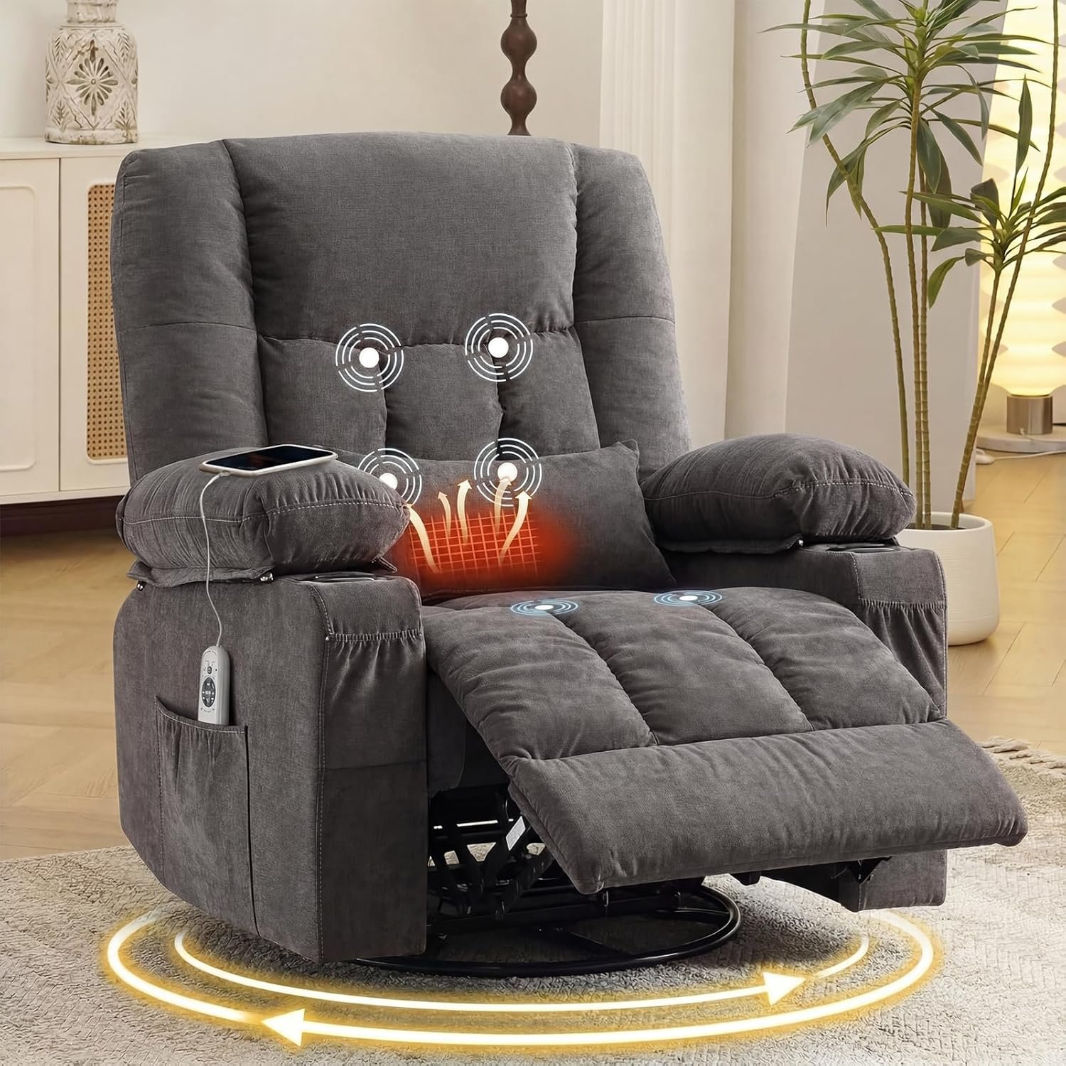 Swivel Rocker Recliner Chair with Vibration Massage and Heat Ergonomic Lounge Chair for Living Room with Rocking Function and Side Pocket, 2 Cup Holders, USB Charge Port