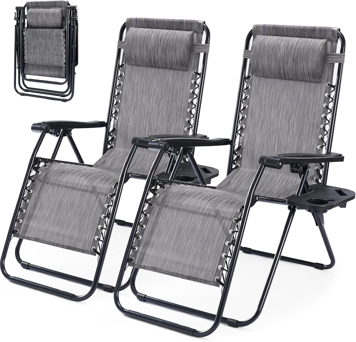 NEWBULIG Zero Gravity Chair Set of 2, Lounge Chair Folding Portable Adjustable Camping Reclining Chairs with Adjustable Pollow, Mesh Back, Cup Holder Trays Lawn Patio Chair for Pool Beach
