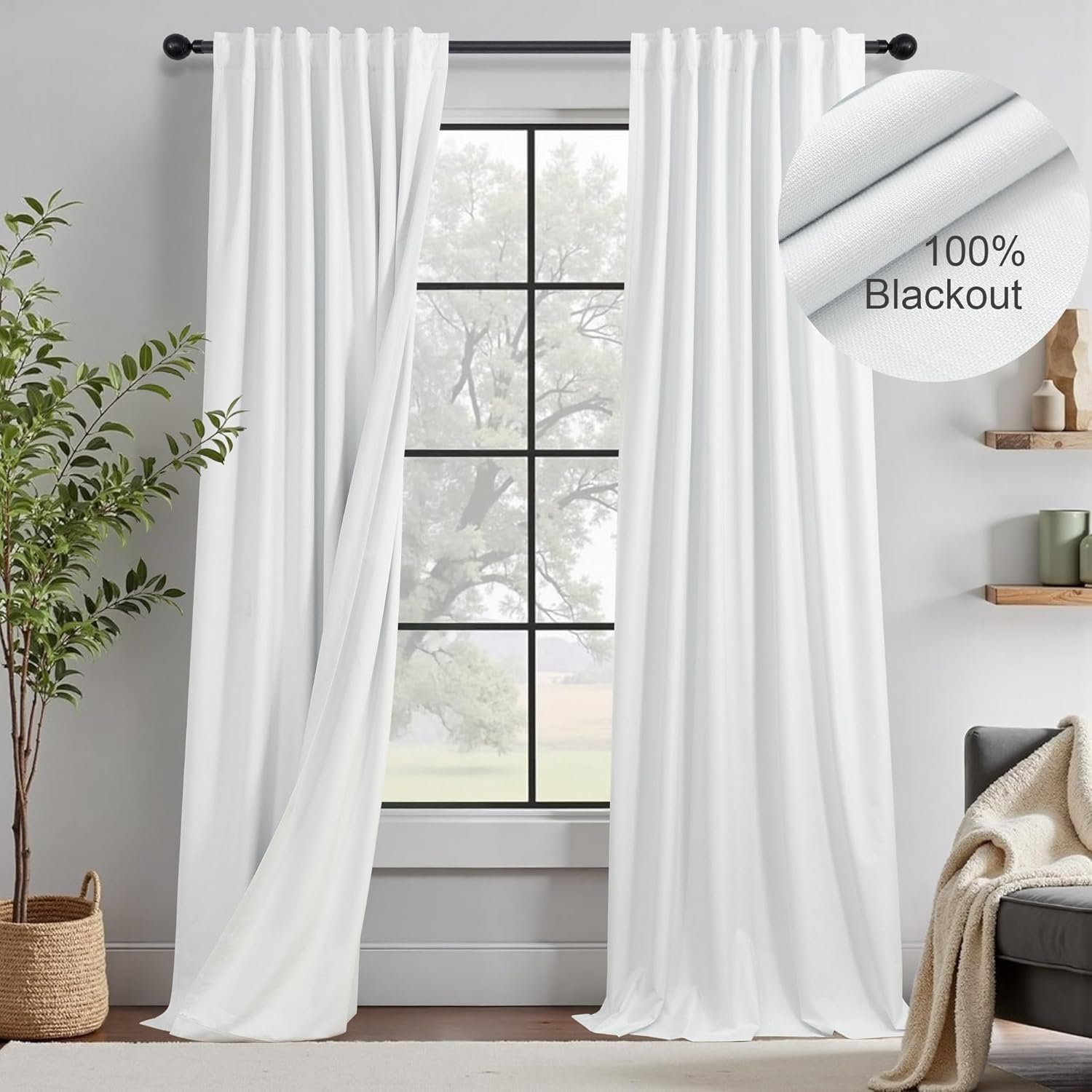 White Blackout Curtains 84 Inch Long 2 Panels Cotton Linen Thick Total Black Out Curtain for Bedroom Window 7ft Living Room Darkening Thermal Insulated Drapes Modern Farmhouse Shabby Chic 52×84 Length