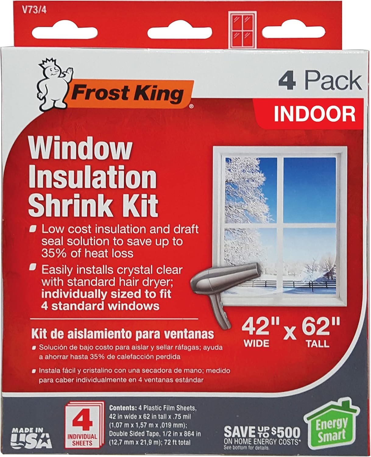 Frost King V73/4A Shrink Film Window KIT, 4-Pack, Clear, Transparent