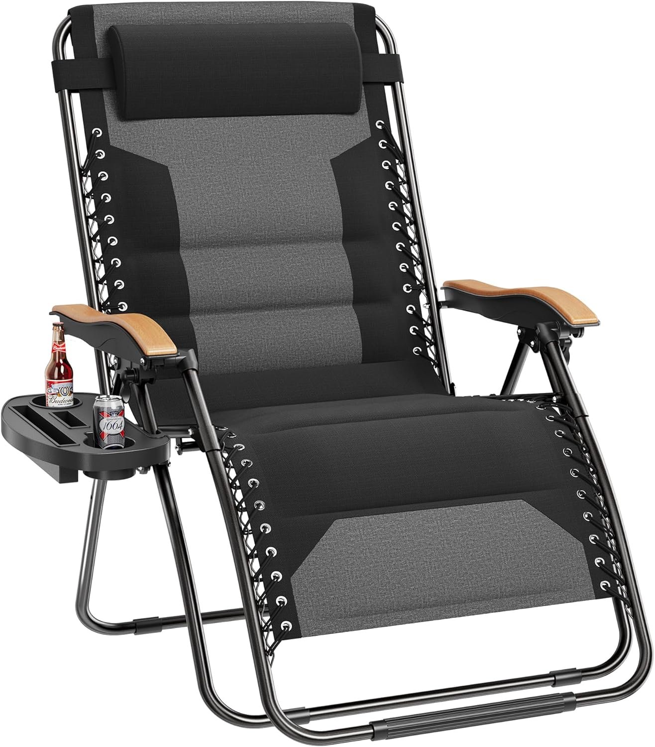 PHI VILLA XXL Oversized Padded Zero Gravity Chair, Foldable Patio Recliner, 30″ Wide Seat Anti Gravity Lounger with Cup Holder, Support 400 LBS (Black)