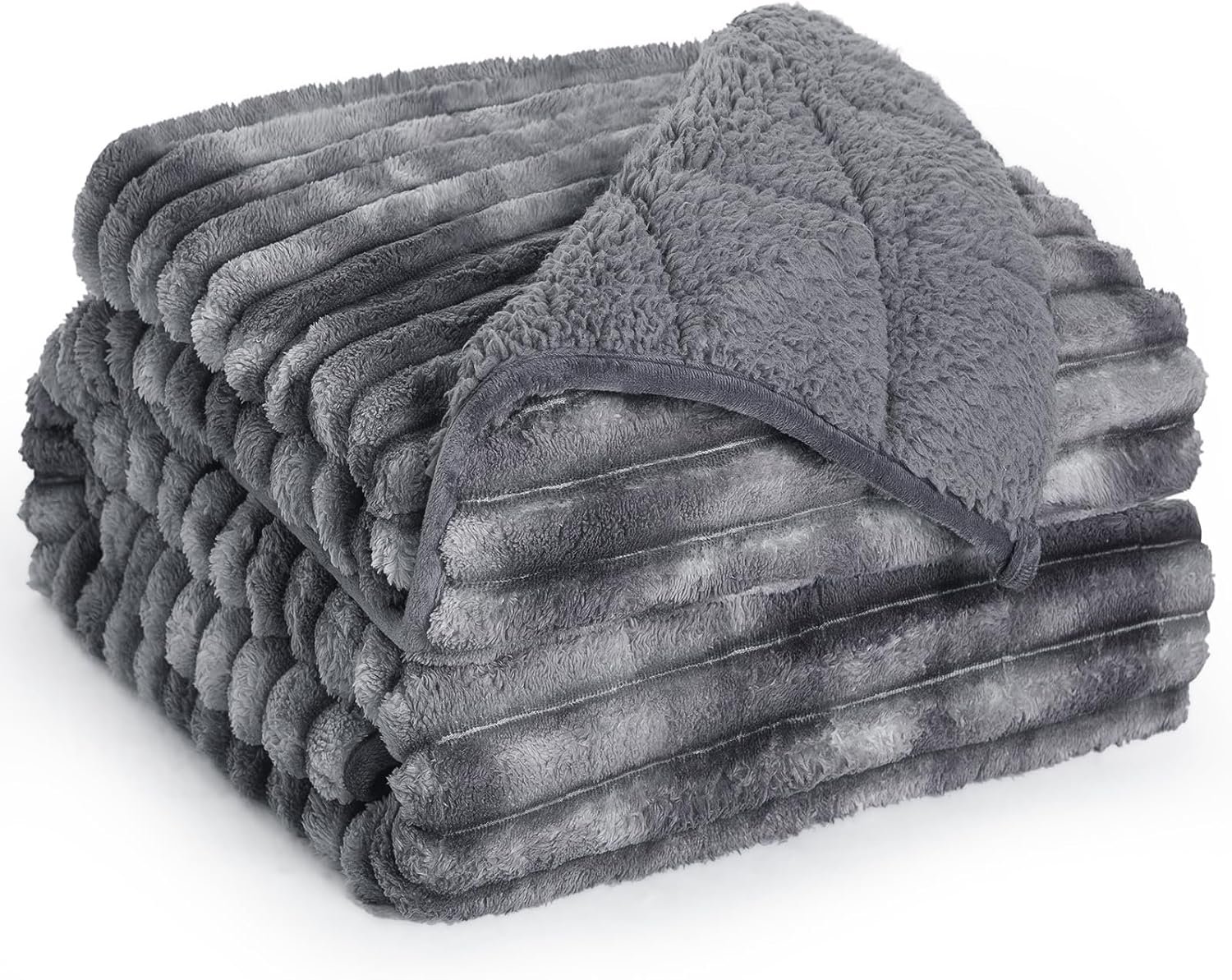 Sherpa Fleece Weighted Blanket with 3D Ribbed Stripes, 15 lbs Soft Flannel Heavy Throw Blanket for Couch Full Size Bed, Heavy Thick Blankets with Glass Beads, Great for Deep Sleep, 60″ x 80″