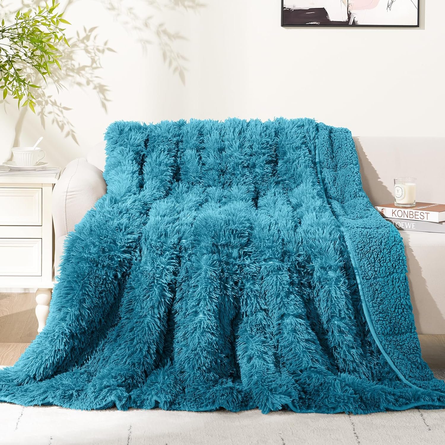 Cottonblue Weighted Blanket 15lbs, Sherpa Faux Fur Reversible Luxury Snugly Long Fur Warm Heavy Blanket 60×80 inches, Warm Plush Sherpa Weighted Blanket Queen Size for Couch Sofa Bed, Teal Green